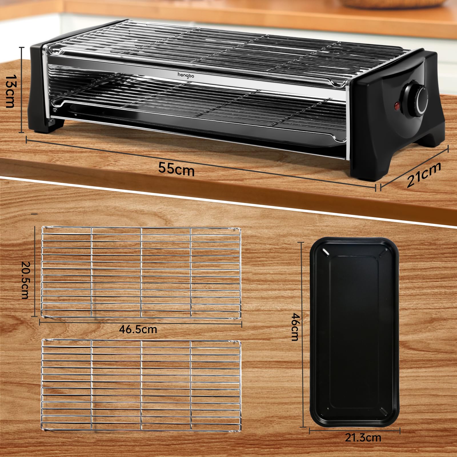 HengBo Barbacoa Eléctrica Sin Humo, Barbacoa de Mesa de Doble Capa Parrilla Barbacoa con Bandeja de Goteo, Termostato Ajustable, Superficie 46,5 x 20,5 cm, 2200W, Negro