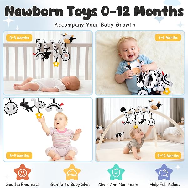 Spiral Car Seat Baby Toys 0-6 Months, Infant Carseat High Contrast Sensory Toys Hanging Stroller Accessories, Newborn Shower Gifts for Baby Boys Essentials Stuff, Cute Black and White Cow - 3