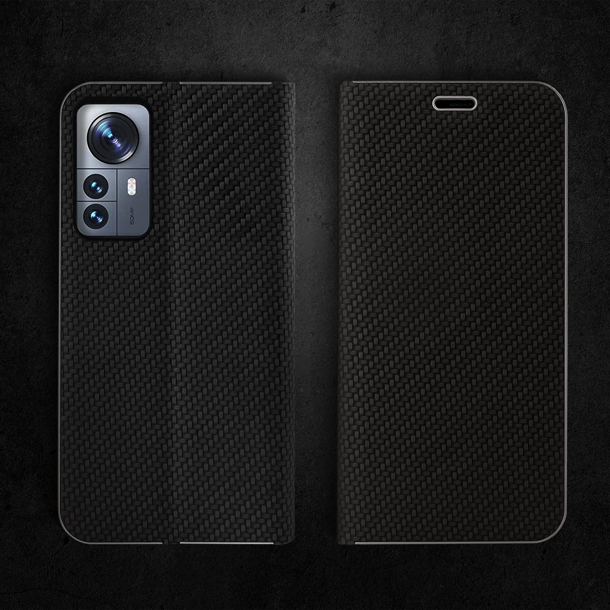 Moozy Custodia A Libro Per Xiaomi Redmi Note 12 Pro 5G / Poco X5 Pro - Carbonio Nera Con Porta Carte E Supporto