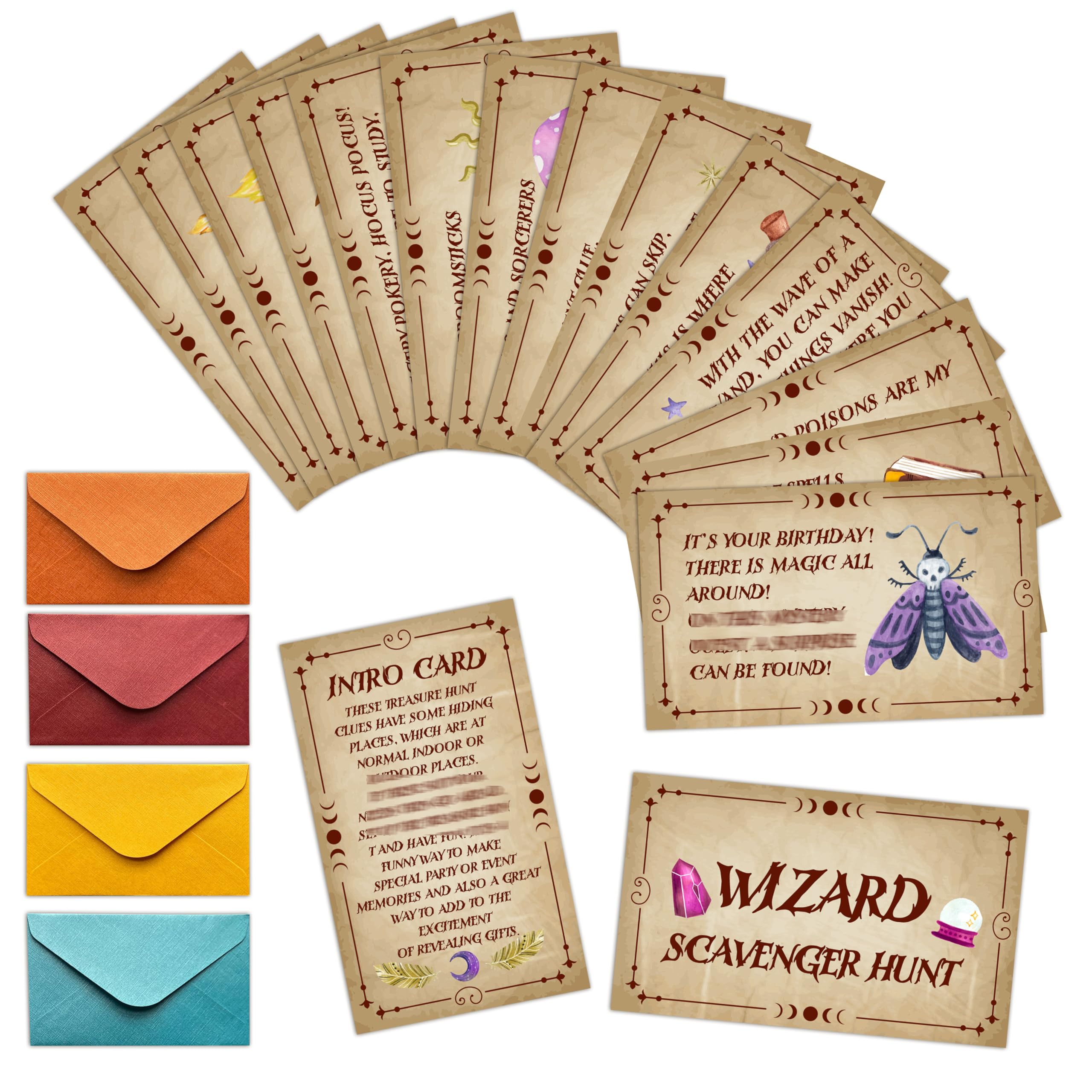 Tarjetas de búsqueda del tesoro de magos, juegos de búsqueda del tesoro de Halloween para adultos, suministros de fiesta de cumpleaños, actividades al aire libre en interiores (17 tarjetas de