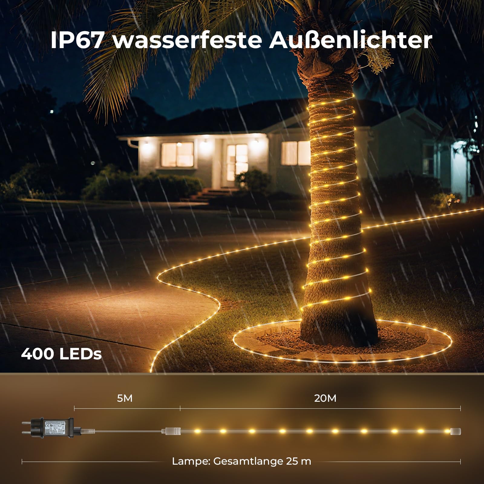 LED Schlauch 20M 400 LEDs Lichterkette Außen Lichtschlauch Outdoor IP67 Wasserfest 8 Modi Dimmbar Fernbedienung Timer Warmweiß Lichterschlauch Aussen Für Außen Party Hochzeit Weihnachten Dekolicht