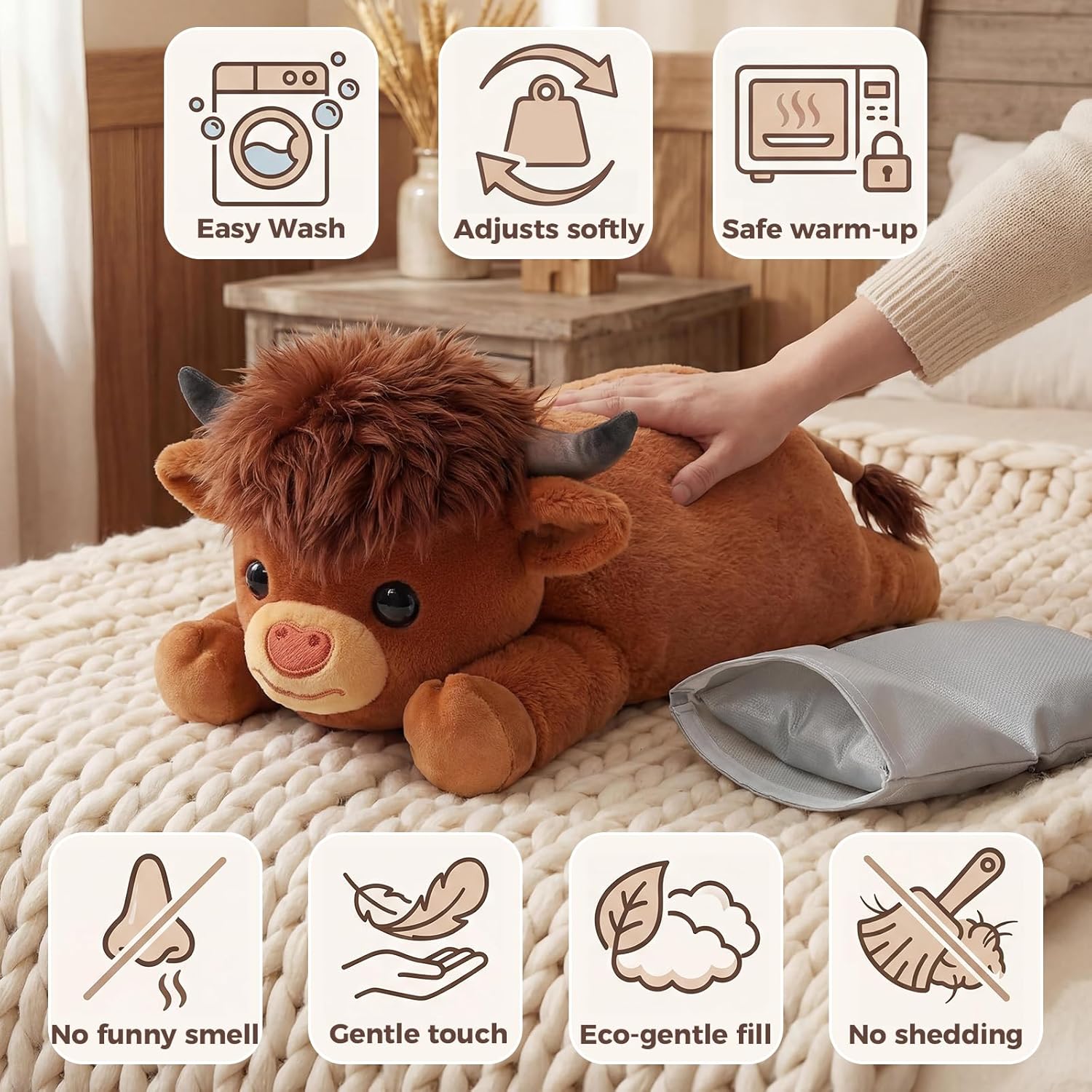 Mewaii Weighted Stuffed Animals with Microwavable Heating Pad - 5 lbs Adjustable, Heatable & Coolable Stuffed Animal for Realistic Hug, Removable Inner Pad, Plush Gifts for Kids (Amber Brown, 23 Inch) - Image 8