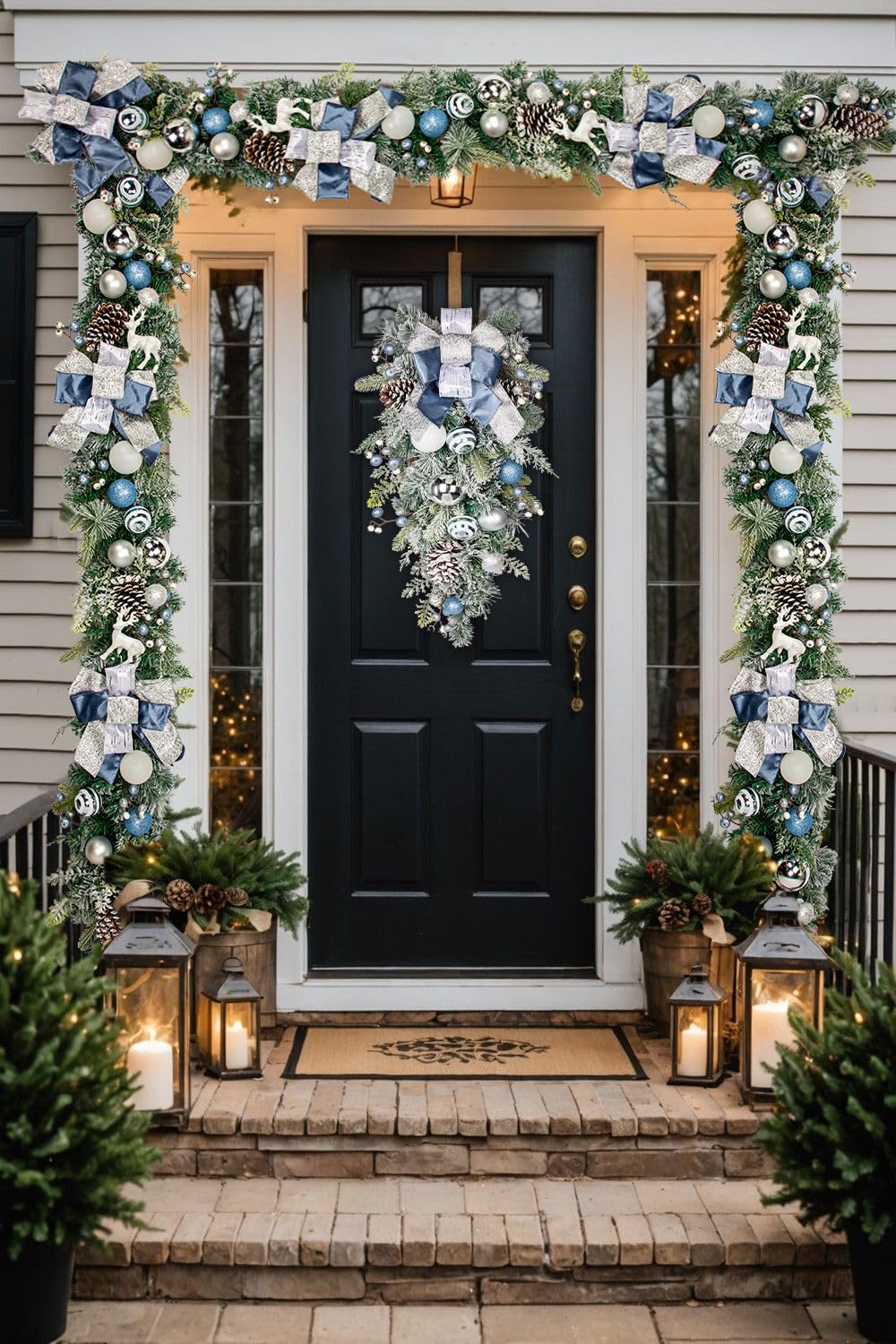 Weihnachtsdeko Tropfen Girlande für Weihnachten - Blau-Silbere Weihnachten Teardrop Swag mit Weihnachtskugeln, Beeren, Tannenzapfen und Schleife, Weihnachtsdeko, Höhe 76CM