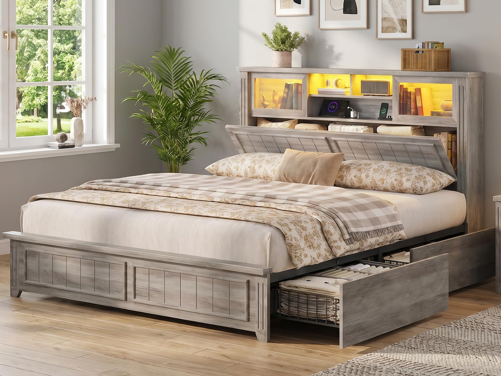 AOGLLATI Queen Farmhouse Bed Frame with Storage Headboard and Drawers
