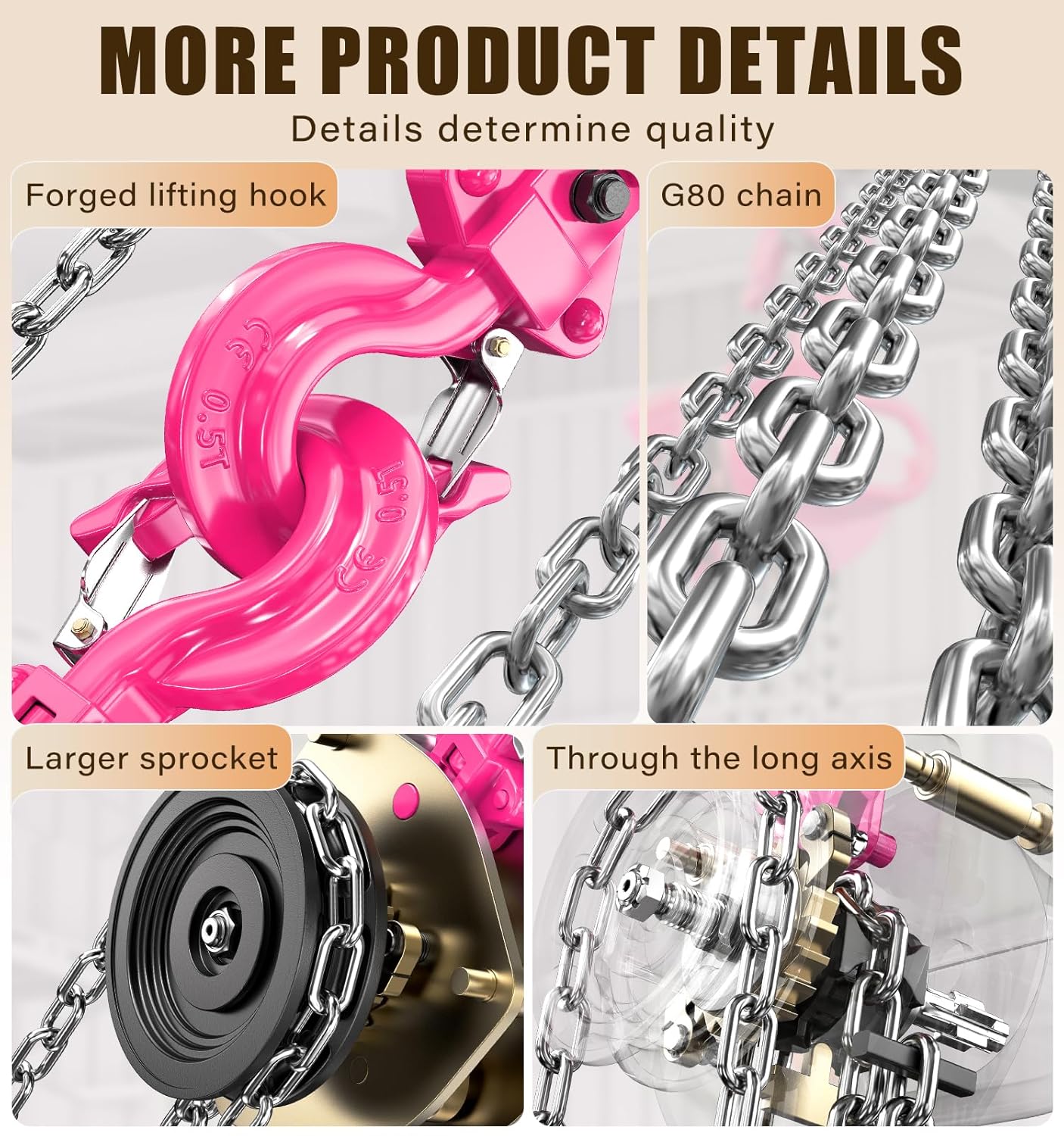 Hand Chain Hoist 1/2 Ton 1100Lbs Capacity 10FT – Manual Chain Block with 2 Heavy Duty Hooks,Dual Brakes & Manganese Steel Chain for Garage, Workshop & Automotive Machinery,Pink