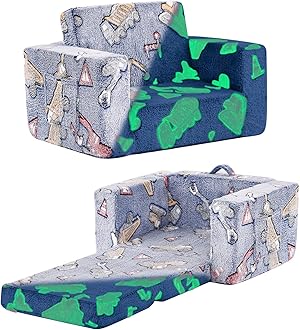 Tiita Kids Chair Couch, Folding Toddler Comfy Sofa Chairs, 2-in-1 Kids Plush Sofa Fold Out, Baby Armrest Chair to Lounger, Convertible Play Sofas to Bed for Girl or Boy, Vehicles