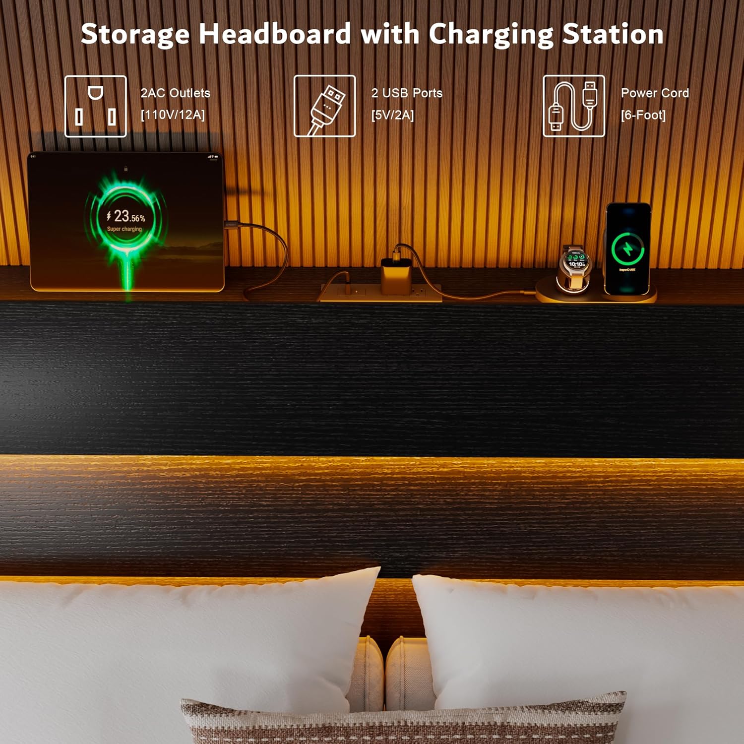 iPormis Queen Floating Bed Frame with LED Lights & Charging Station, Platform Bed with Wooden Storage Headboard, Steel Slats Support, No Box Spring Needed, Easy Assembly, Noise-Free, Black