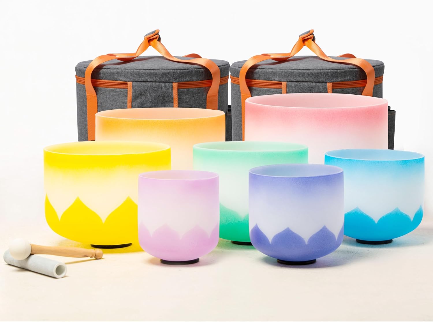 Set of 7 size 6-12 inch Lotus Design Colored Rim Chakra Tuned 432hz Quartz Crystal Singing Bowls with Heavy Duty Carrying Cases and Singing Bowl Mallet Suede Strikers WFN