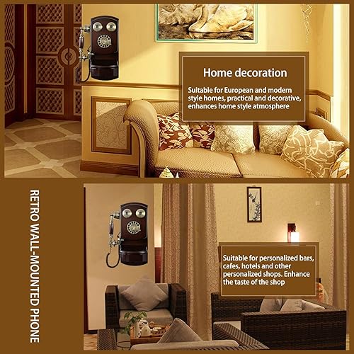 Miniatura 2 de Teléfono de pared retro, antiguo teléfono giratorio de montaje en pared con timbre mecánico vintage, teléfono fijo clásico antiguo con cable para