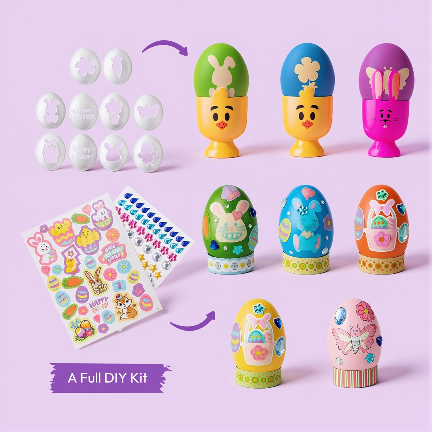 Klever Kits 57 Pcs Easter Egg Dye Kit with Stencils and Colored Pens, Easter Egg Decorating with Assorted Stickers for Party Favor, Creativity Activity, Party Decorations
