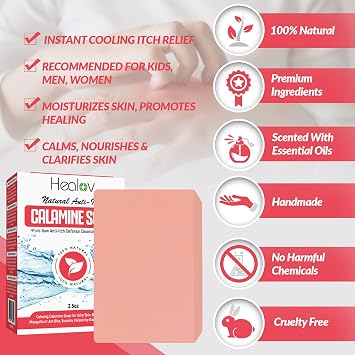 Healov Calamine Soap Bar All Natural Instant Itch Relief Calming Calamine Soap for Itchy Skin, Insect Bite, Eczema, Poison Ivy Rash, Chicken Pox Pure Anti-Itch Body Wash Cleanser