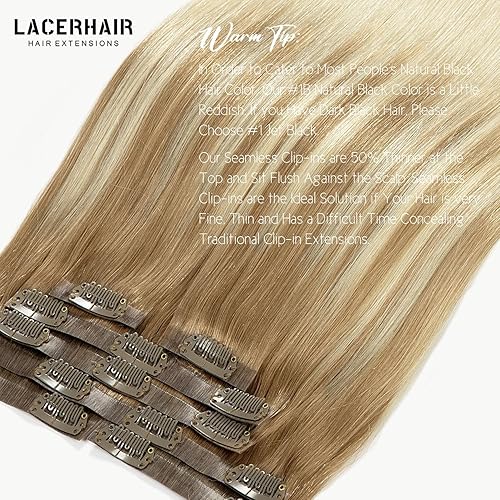 Vista 293 de Lacer Extensiones de cabello humano con clip, de doble trama, cabello brasileño de cabeza completa, color negro azabache, extensiones de cabello