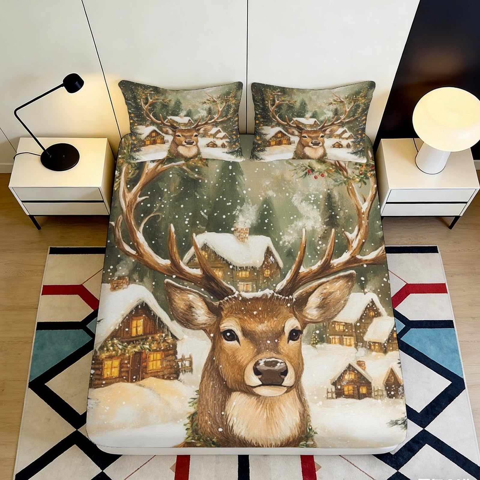 3D Printed Winter Deer Fitted Sheet Microfiber Soft Breathable Snowy Village Bed Cover for Bedroom Dormitory Guest Room Mattress Protection Decoration 180x200x25cm