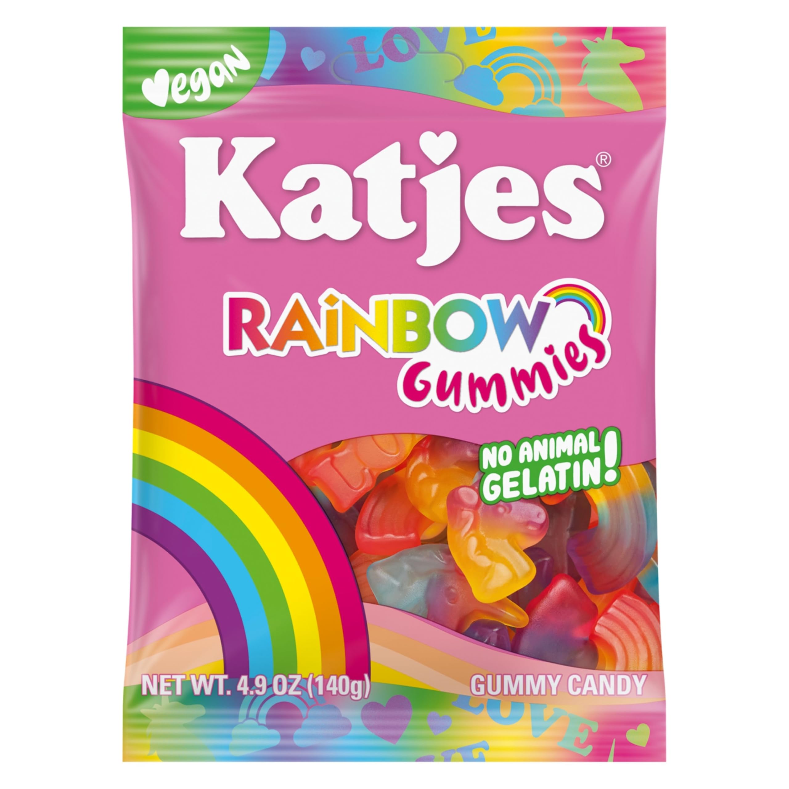Katjes Vegan Rainbow Gummy Candy, 4.9oz Bags, 3 Pack – Unicorn, Multicolored & Love Shaped Gummies – Gelatin-Free Plant Based Sweet Snack, No HFCS or Red 40 – Palm Oil Free Fruit Flavored Treats