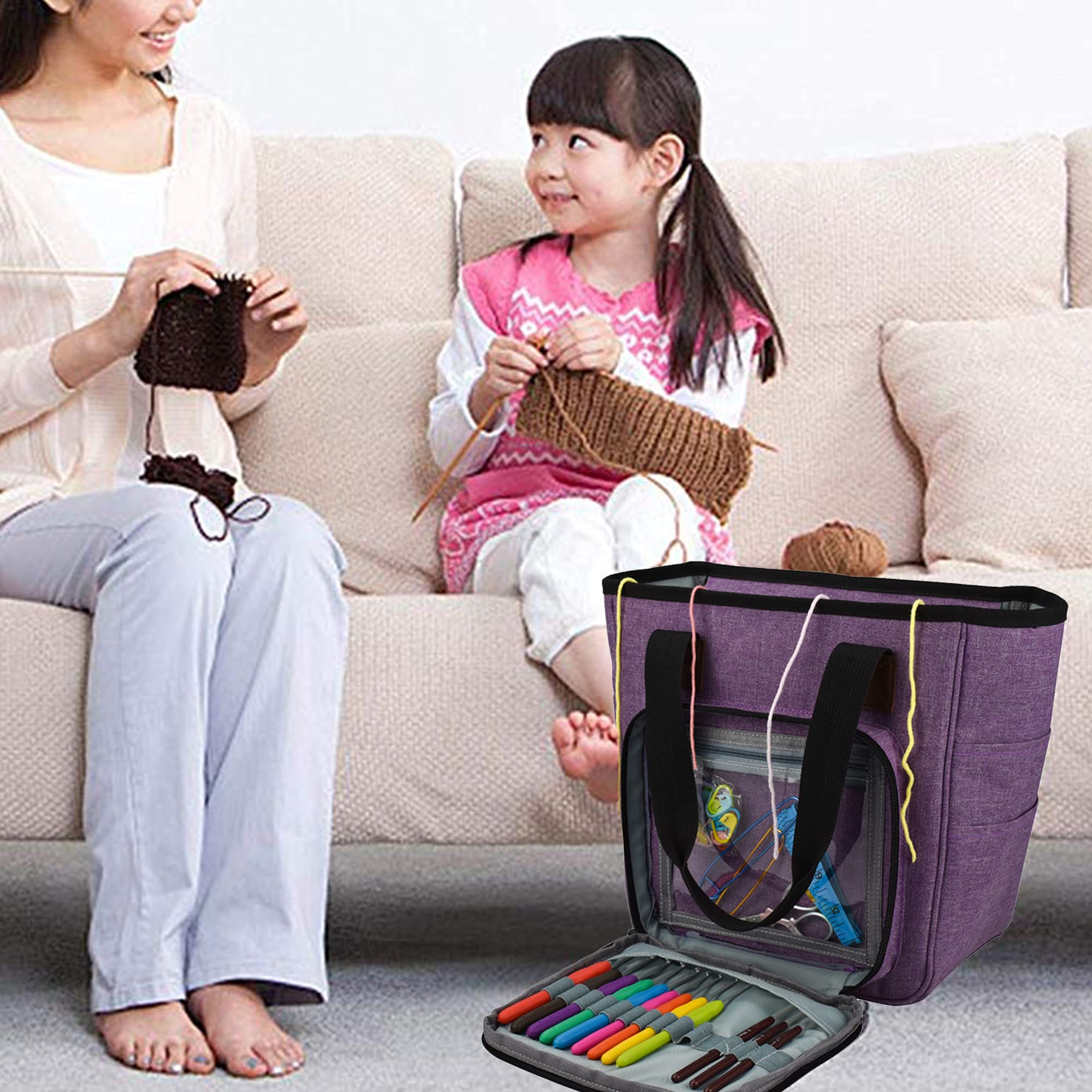 Borsa per Maglieria, Borsa Porta Lavoro a Maglia, con Quattro Scomparti, per matasse di Filati, Porta uncinetti, Ferri Maglia e Altri Piccoli Accessory