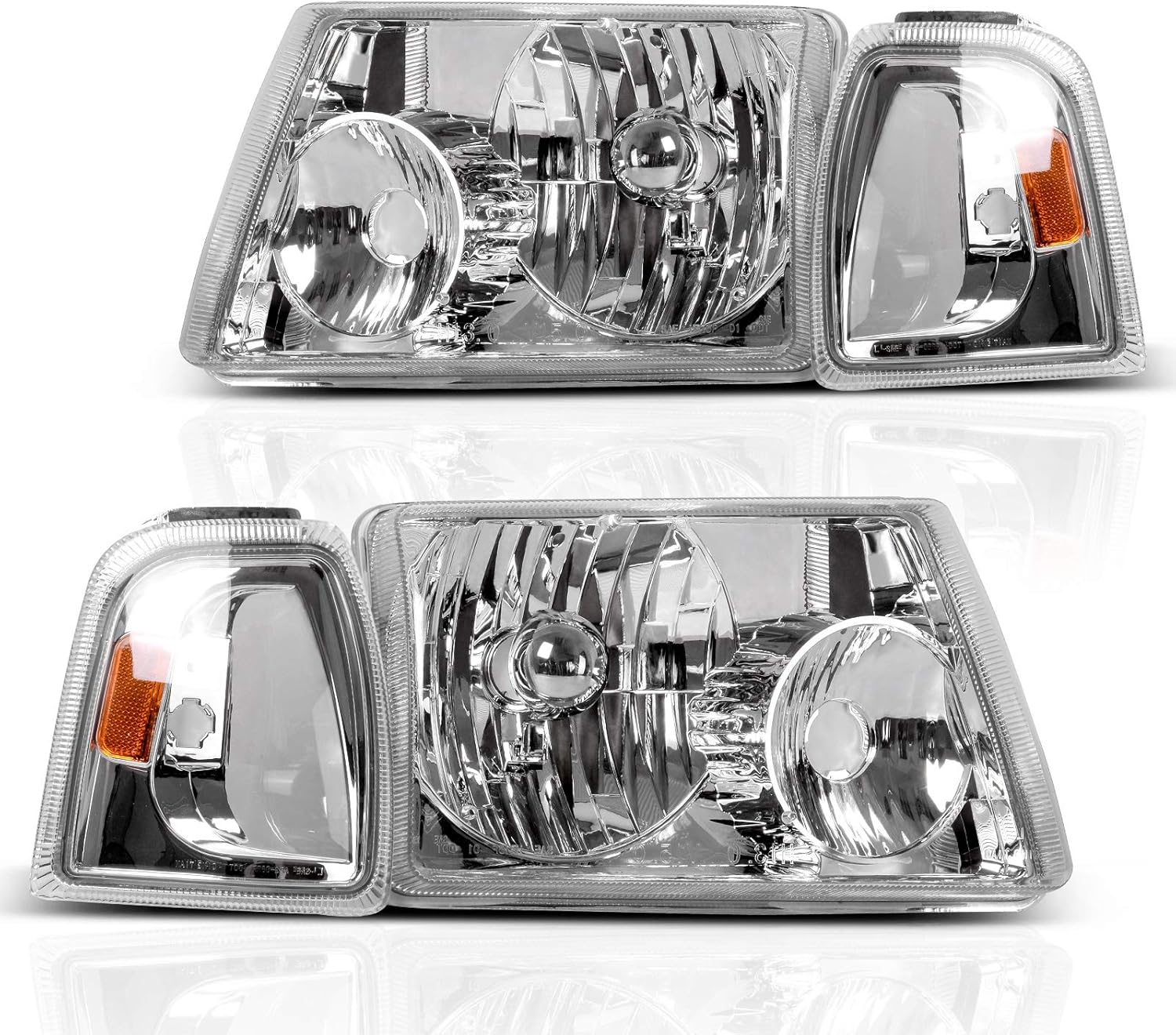 DWVO Headlight Assembly Compatible with 2001-2011 Ford Ranger Headlamp+Corner light Chrome Housing Clear Lens Amber Reflector