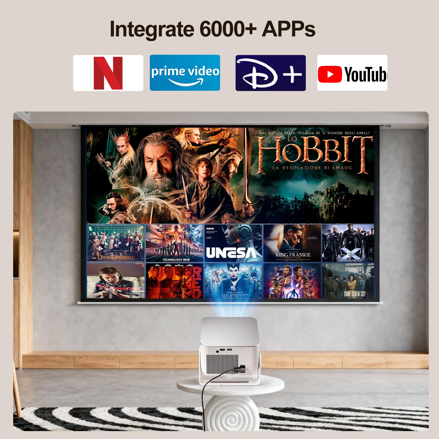 [Apps integrate] Mini Proiettore 4K & 8K Supporta, Proiettore Portatile 1080P con WiFi 6 Bluetooth 5.4, 600ANSI Messa Fuoco Automatica, Correzione Automatica Del Trapezzo, Rotazione 180° HY350MAX