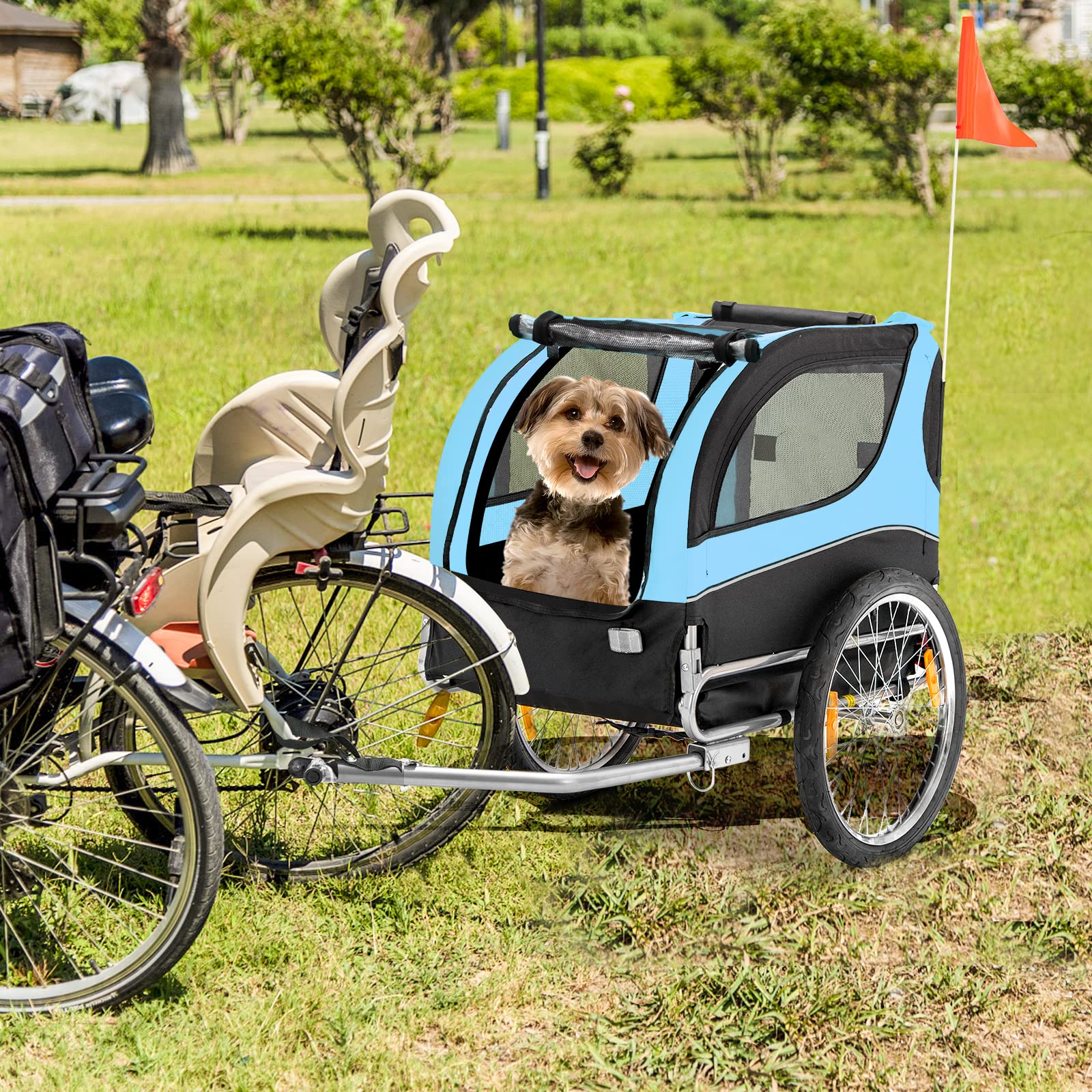 GYMAX Fahrradanhänger, Hundebuggy mit Sicherheitsfahne & 3 Eingängen, klappbarer Hundewagen bis 40kg belastbar, Haustierwagen mit Universalräder, Transportwagen für Hunde