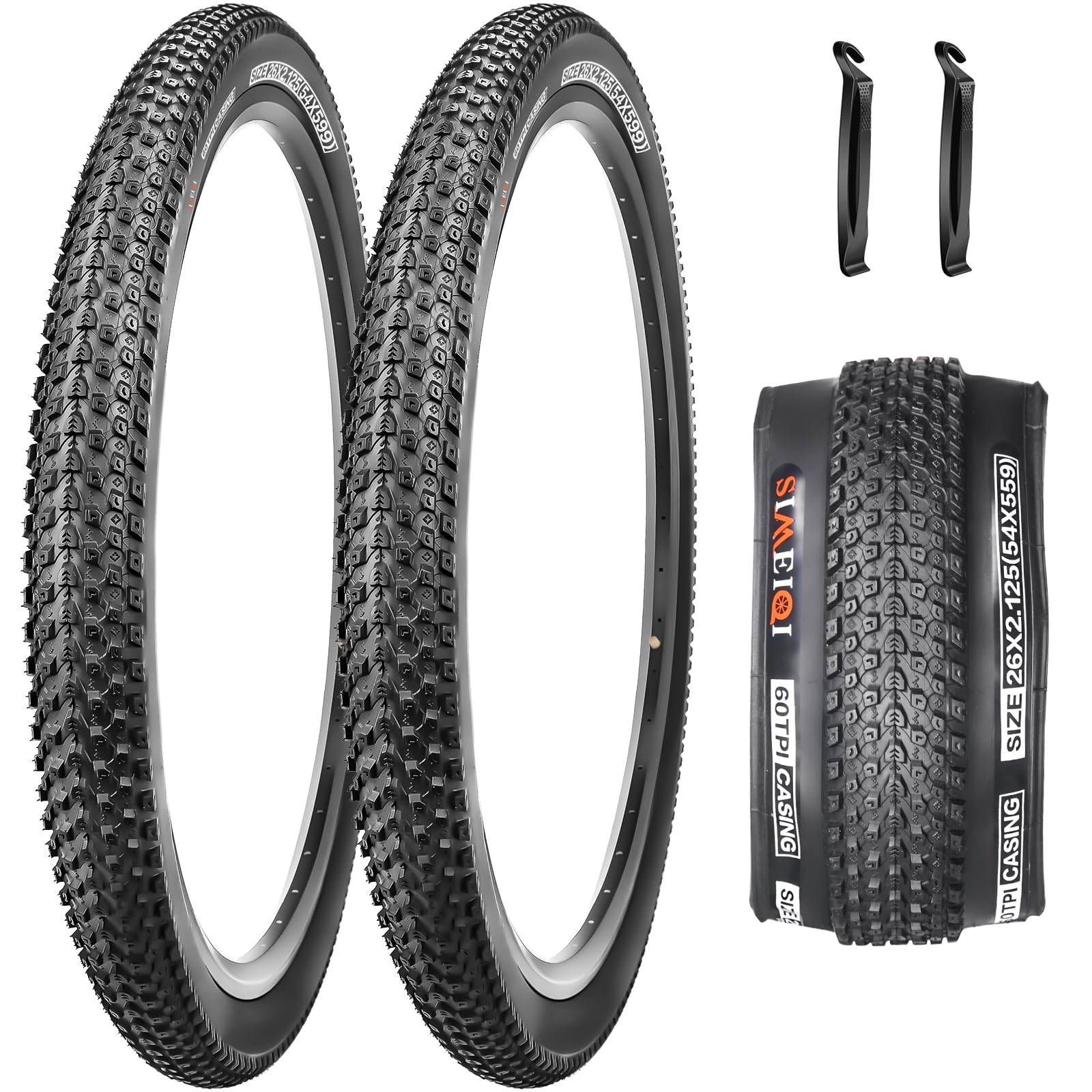 SIMEIQI 2 Pack 26"x1.95" 26"X2.125" Inch 60TPI Bike Tires with or Without Inner Tubes and Levers for Mountain Replacement City Road Trails Bicycle