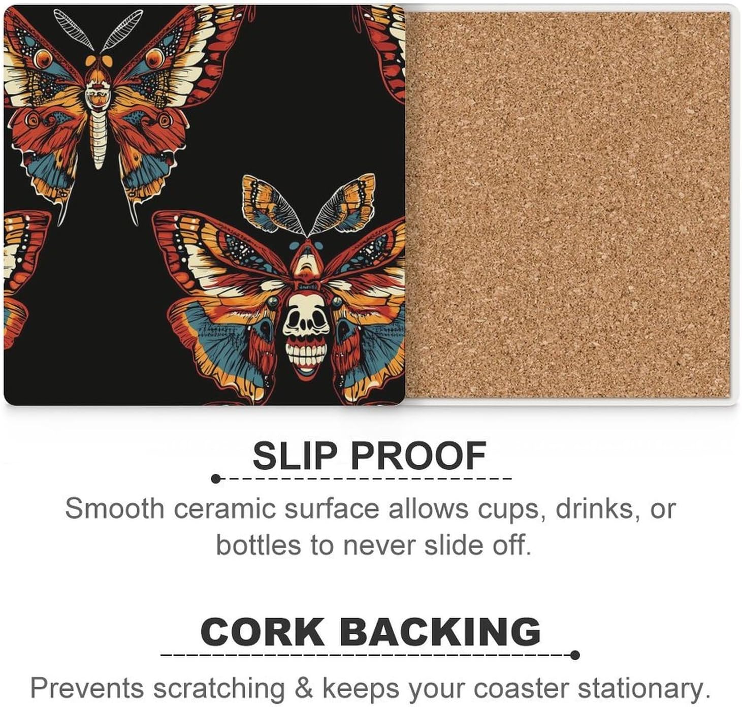 Moth Butterfly Coasters for Drinks Square Table Coasters Set Cup Mats with Cork Base