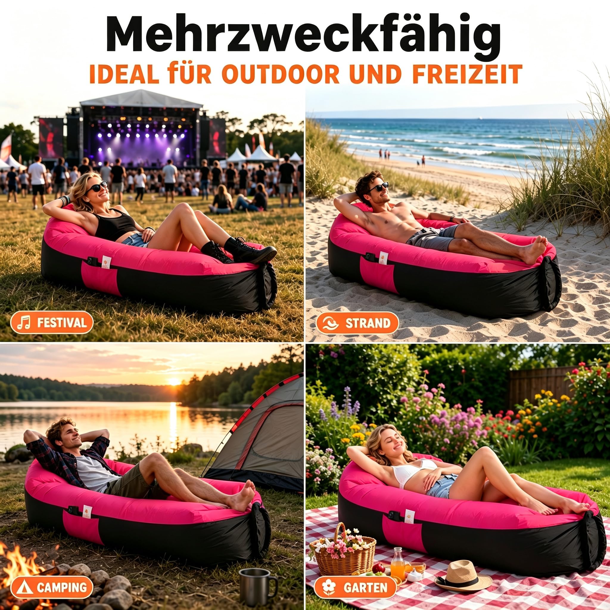 EastCity Luftsofa Aufblasbar mit Kopfstütze und Seitentasche, 230 x 70 cm Aufblasbares Sofa für Camping, Strand und Festival, Air Lounger mit Tragebeutel, Tragbare Aufblasbare Liege, Rosa