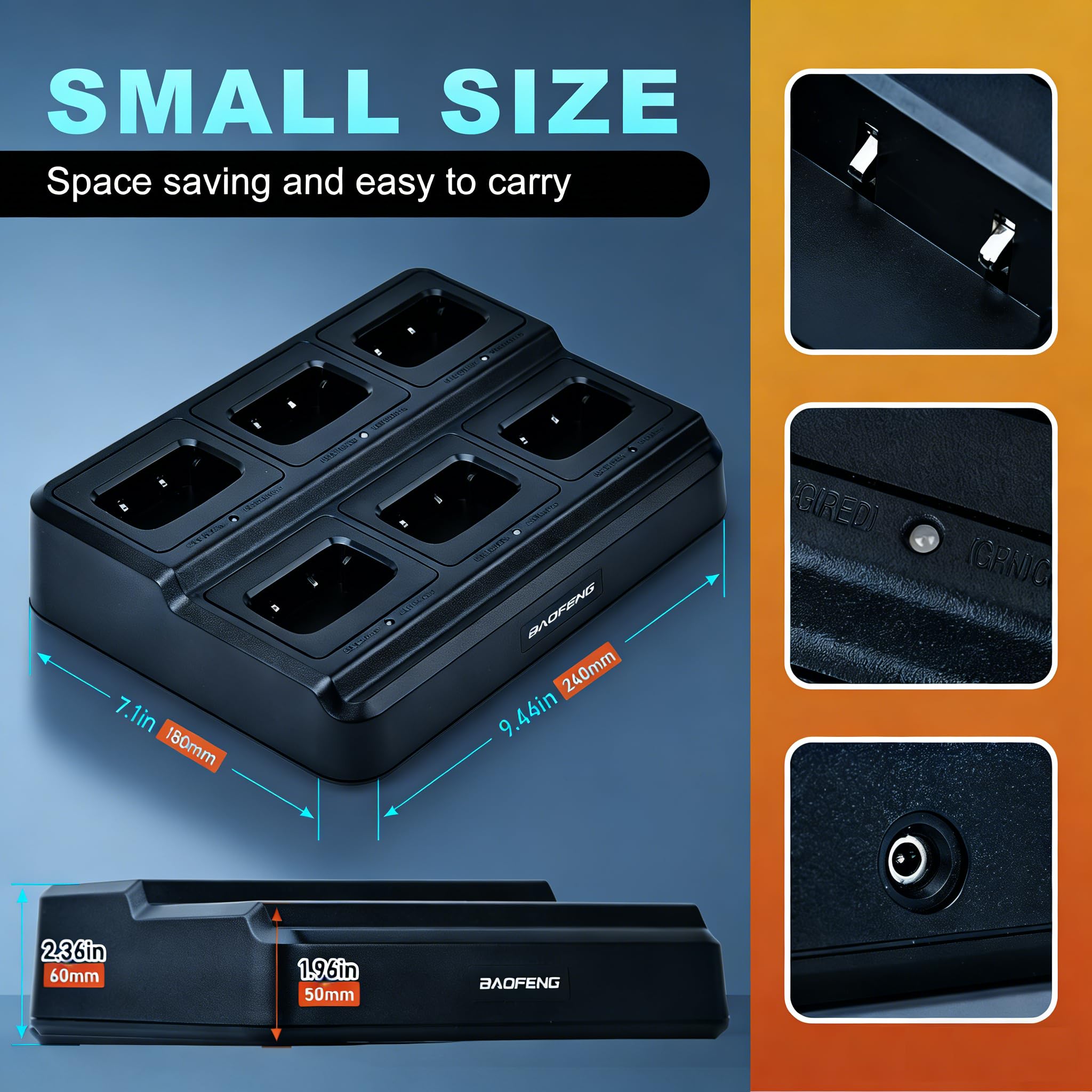 BAOFENG Cargador UV5RM de seis vías para estación de carga rápida AR-5RM/UV5RH Multi Unit con protección de sobrecarga y luces LED, ahorro de espacio Walkie Talkie y base de carga de batería