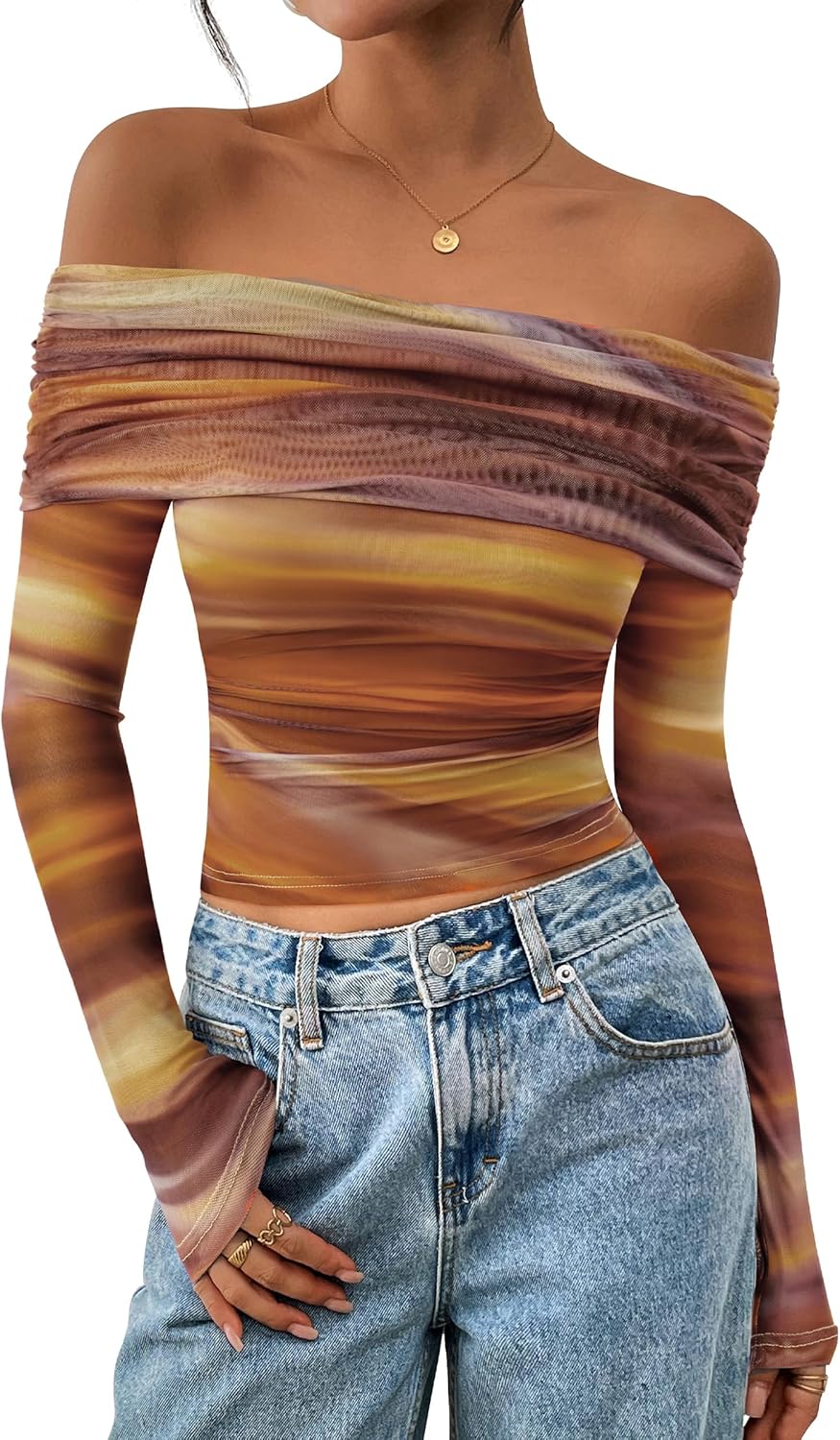 PRETTYGARDEN Womens Tops 2026 Spring Off The Shoulder Long Sleeve Fitted Y2k Shirts Floral Ruched Mesh Going Out Outfits - Image 3