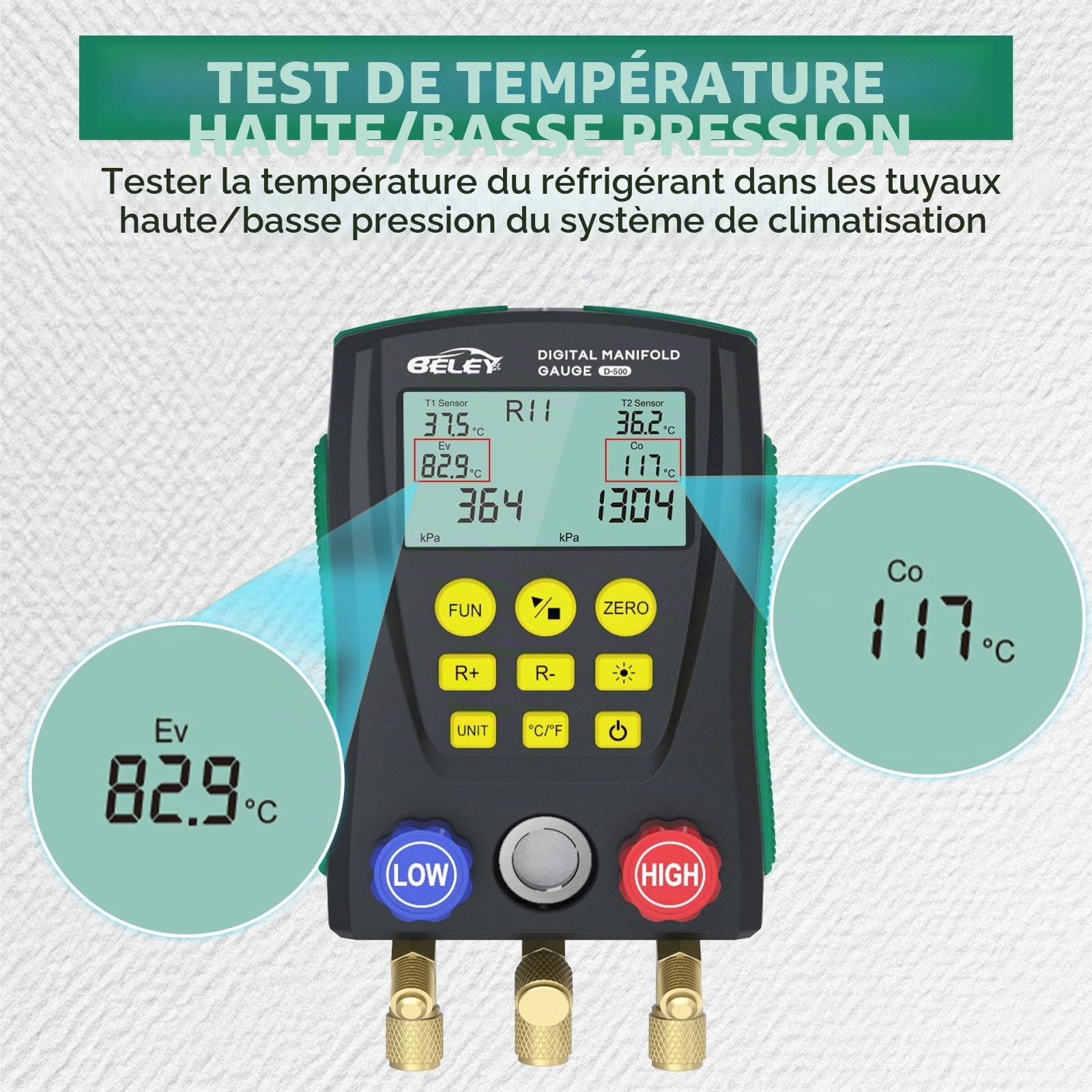 R32 R410a Manomètre à Réfrigérant Numériqueavec Deux Pinces de Température, Commande à Deux Vannes Manometre Climatisation avec 93 Types de Réfrigérants, pour Diagnostic & Maintenance Frigorifique