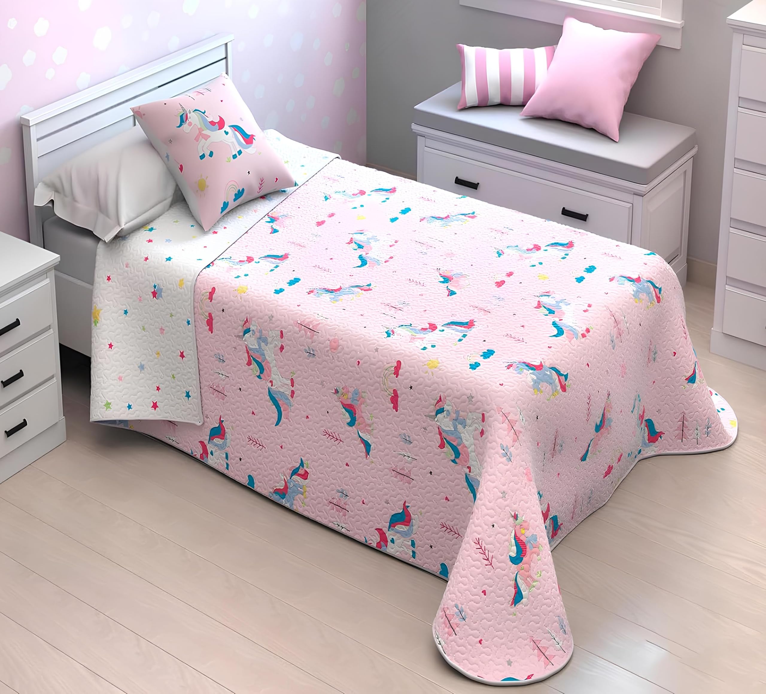 Kimbatex Colcha Bouti Infantil Reversible de Unicornios con Cojín, Microfibra Reversible,para Camas de 90cm y 105cm, Rosa. (Cama 90cm 180x260cm)