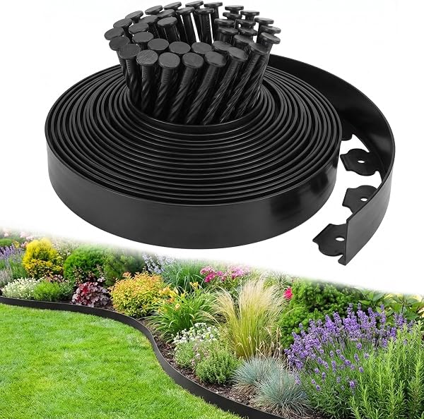 Garden Edging Border, 33FT/10M Black Flexible Plastic Lawn Edging with 30 Reinforced Pegs, 4.6CM High Lawn Edging Border - Easy Dig & Cut Installation for Flowerbeds, Lawns & Pathways - 1