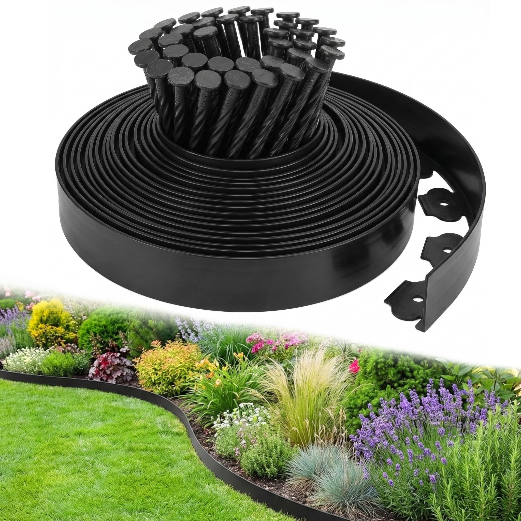 Garden Edging Border, 33FT/10M Black Flexible Plastic Lawn Edging with 30 Reinforced Pegs, 4.6CM High Lawn Edging Border - Easy Dig & Cut Installation for Flowerbeds, Lawns & Pathways