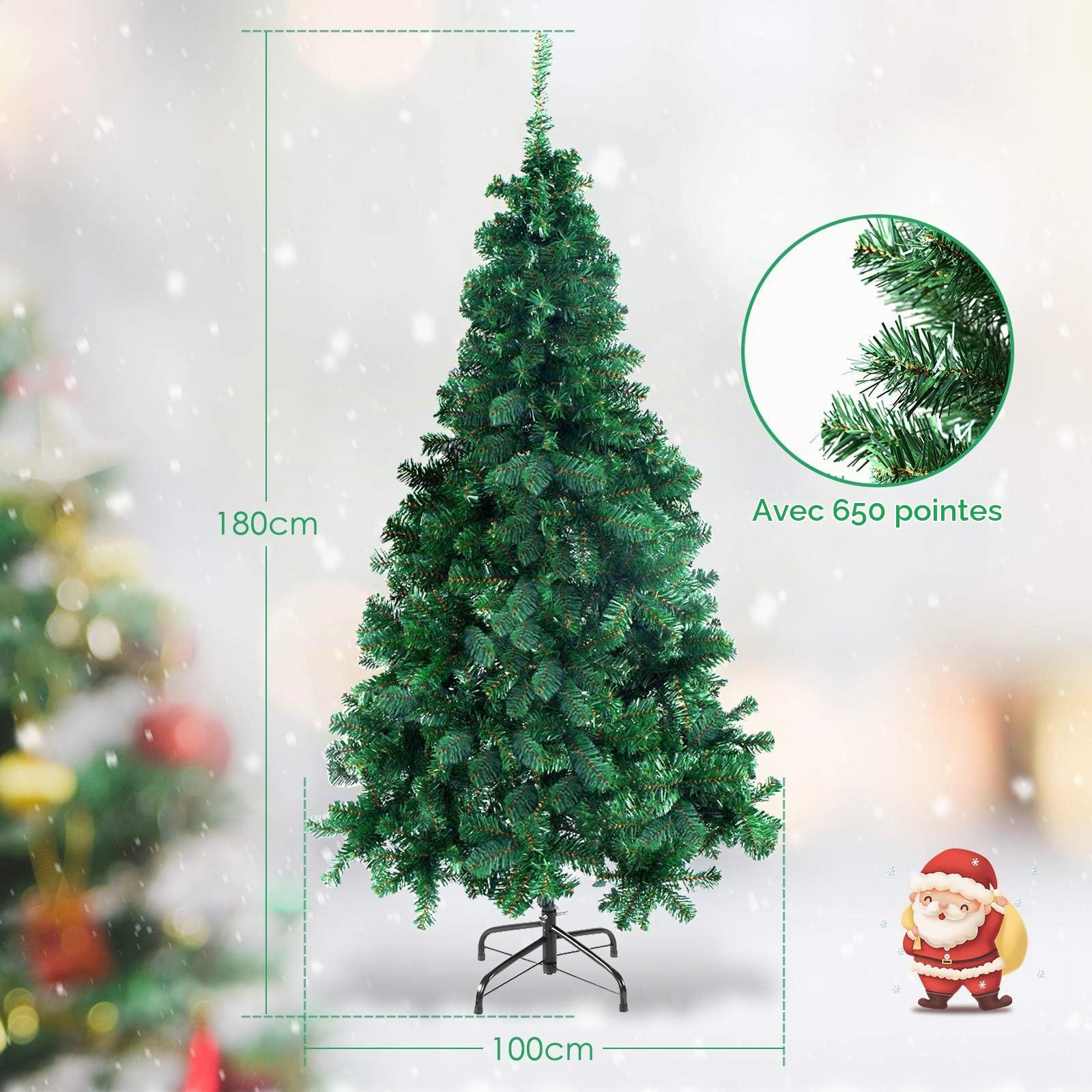 LIFEZEAL Sapin de Noël Artificiel en PVC, Arbre de Noël Artificiel Festif avec Branches Denses, Décoration de Noël avec Support en Acier, Christmas Tree (180 cm)