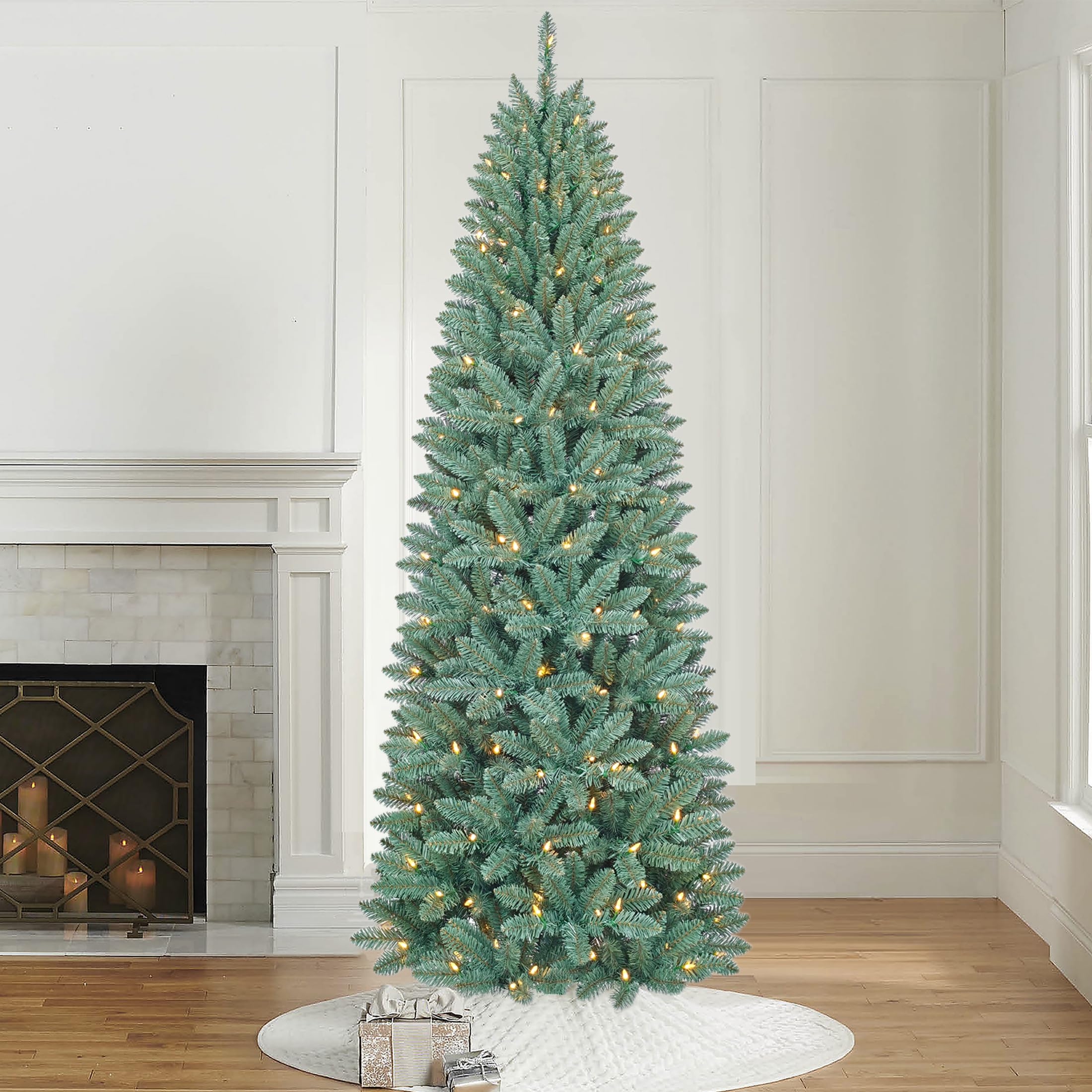 7.5ft prelit slim artificial christmas tree with 843 branch tips, 250 dual-color led lights and metal stand, realistic skinny pencil blue spruce tree with multi-function lights