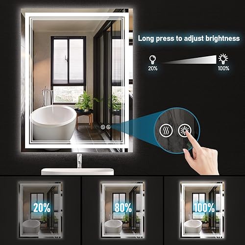 Miniatura 4 de IOWVOE Espejo de baño de 24 x 32 pulgadas con luces LED, espejo de montaje en pared antivaho regulable con luz IP 54 impermeable, antiniebla, luz