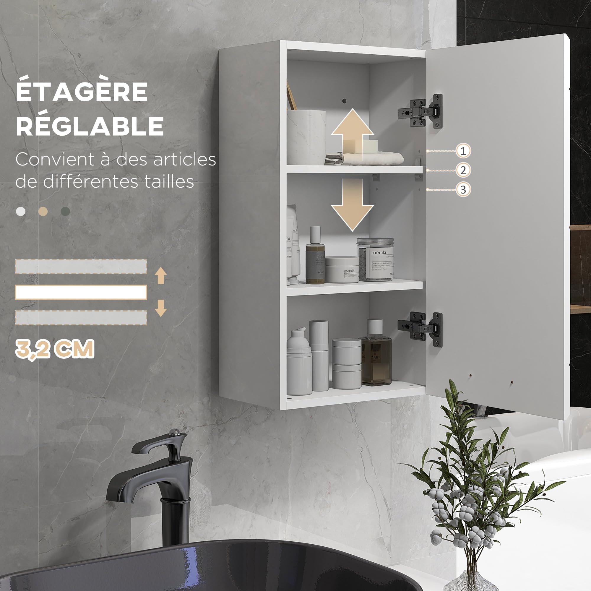 kleankin Armoire Murale de Salle de Bain, Placard de Rangement Toilette 3 Niveaux, étagère réglable, 1 Porte, Moderne, Armoire Suspendue, 37 x 22,5 x 70 cm, Blanc Haut Brillant