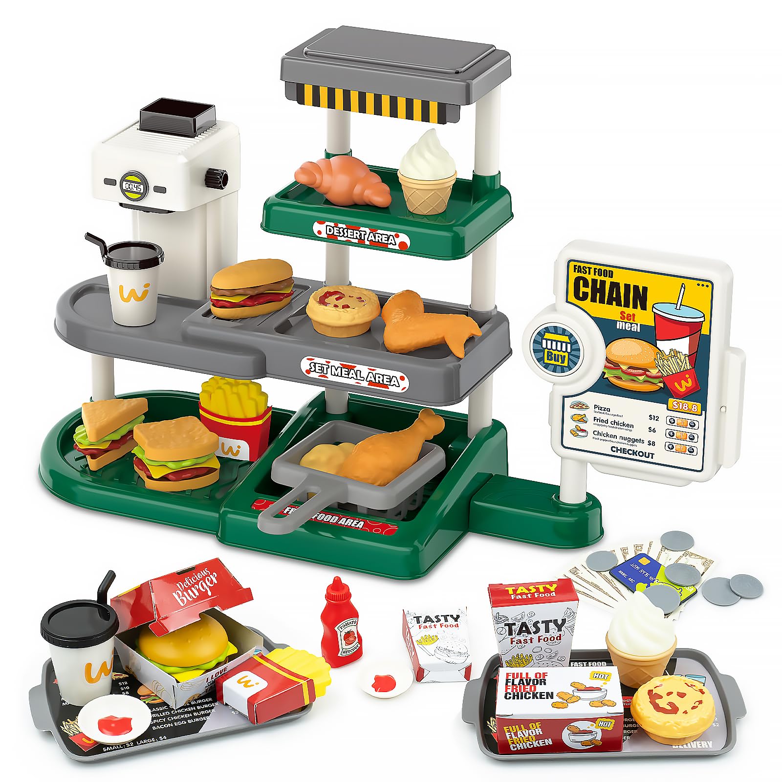 KalaDuck Caja Registradora para Niños con Sonido, Juego de rol Restaurante con Cafetera Juguete, Hamburguesa, Jugar a Dinero y Otros Comida Juguete, Juego de Tienda de Comida Rápida para Niños Niñas