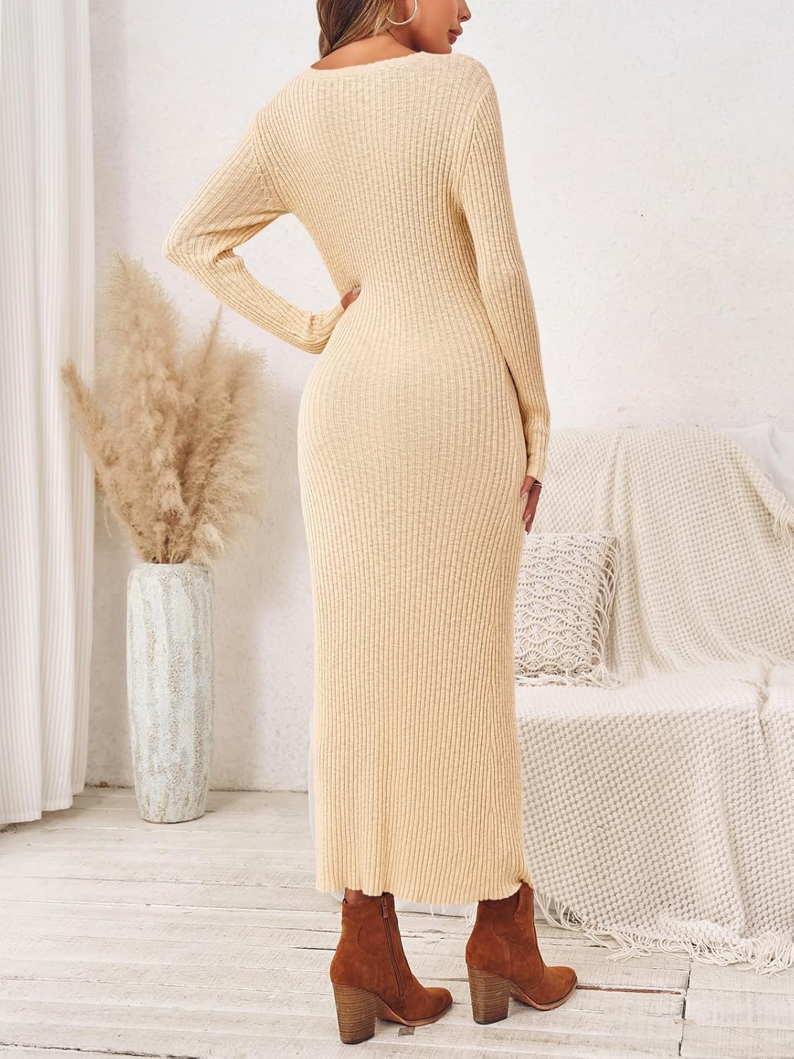 Wenrine Womens Sweater Maxi Dress Long Sleeve Knit Ribbed Crew Neck Slim Fit Casual Fall Long Dresses - Image 5