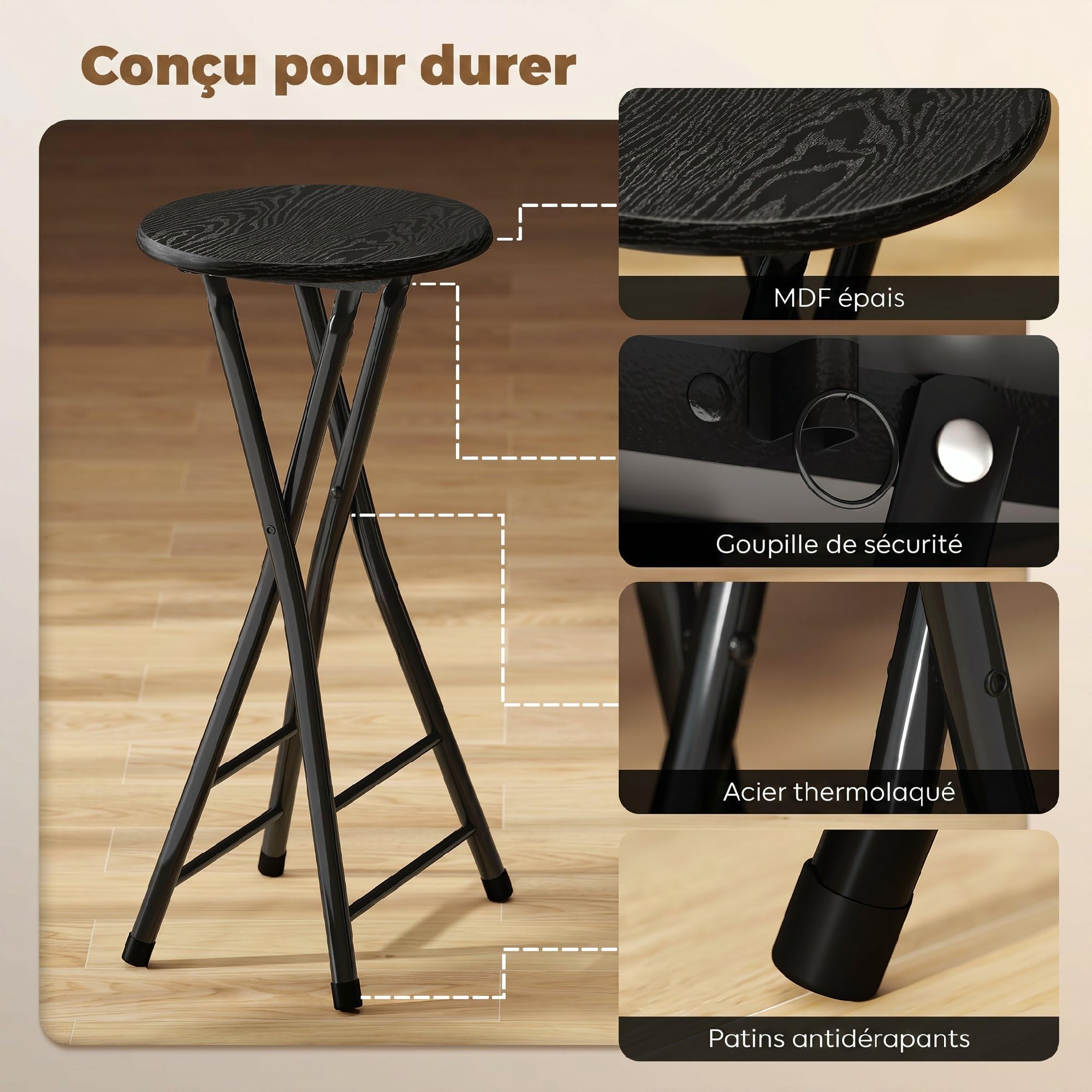 HOMCOM Sgabelli bar pieghevoli 24" altezza bancone per isola cucina nero