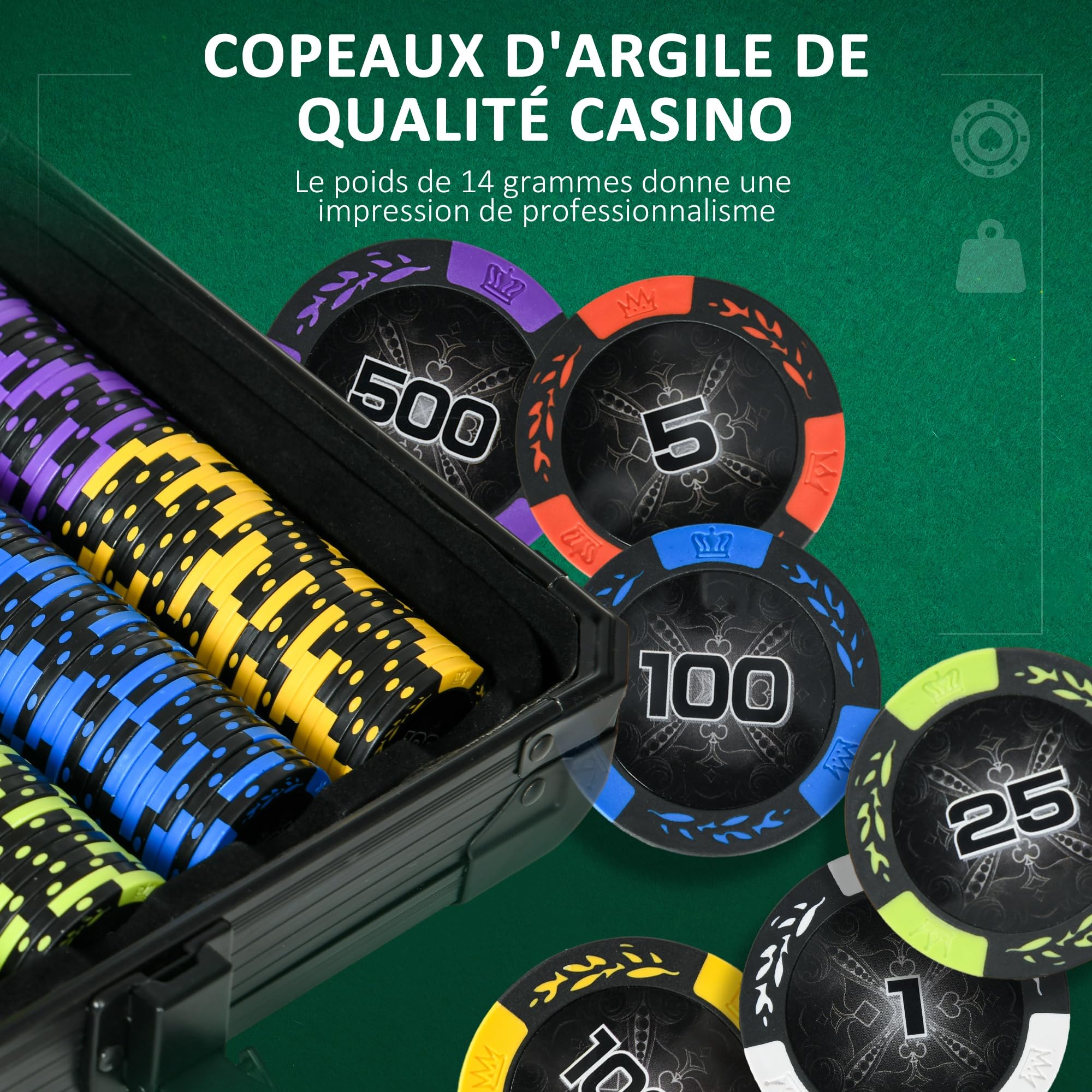 SPORTNOW Mallette de Poker Coffret de Poker Complet, avec 500 jetons à 14g, 5 dés, 2 Jeux de Cartes 3 Boutons Texas Holdem, Cartes de Poker, Bouton Dealer