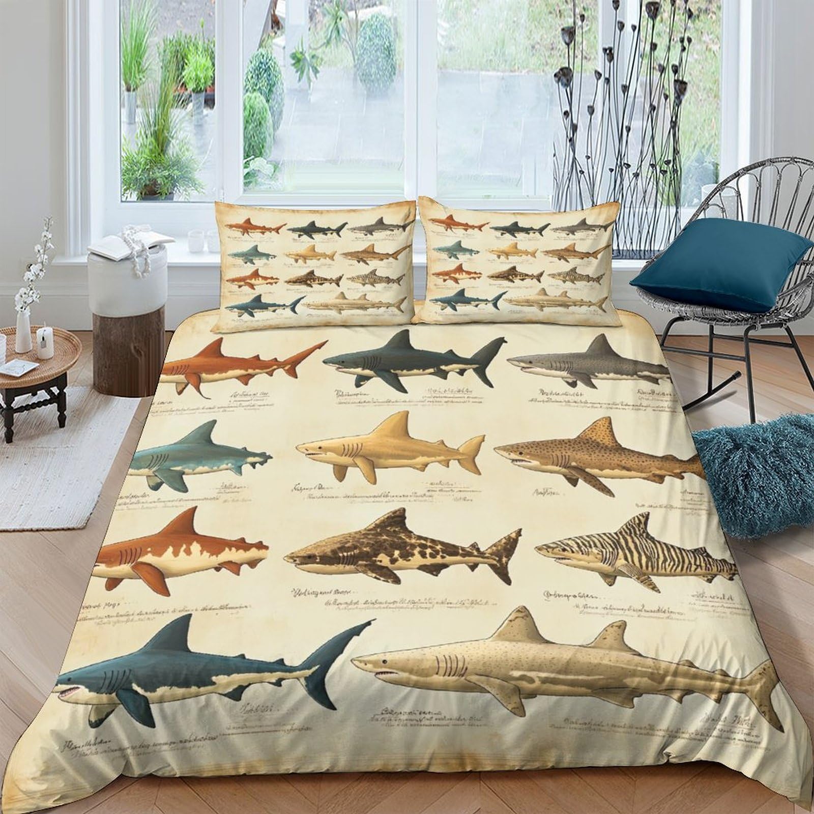 TUFRTGYHN 3D Printed Shark Ocean Duvet Cover Microfiber Soft Breathable Marine Fish Bedding Set with 2 Pillowcases for Bedroom Decor, Single（135x200cm）