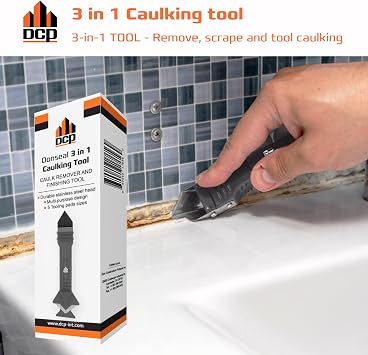 DCP Donseal 3 in 1 Caulking Tool Kit Silicone Caulking Tool for Removal, Scraping & Finishing Precise Caulk Remover & Applicator with 5 Tooling Pads Stainless Steel Caulk Scraper for Smooth Seal