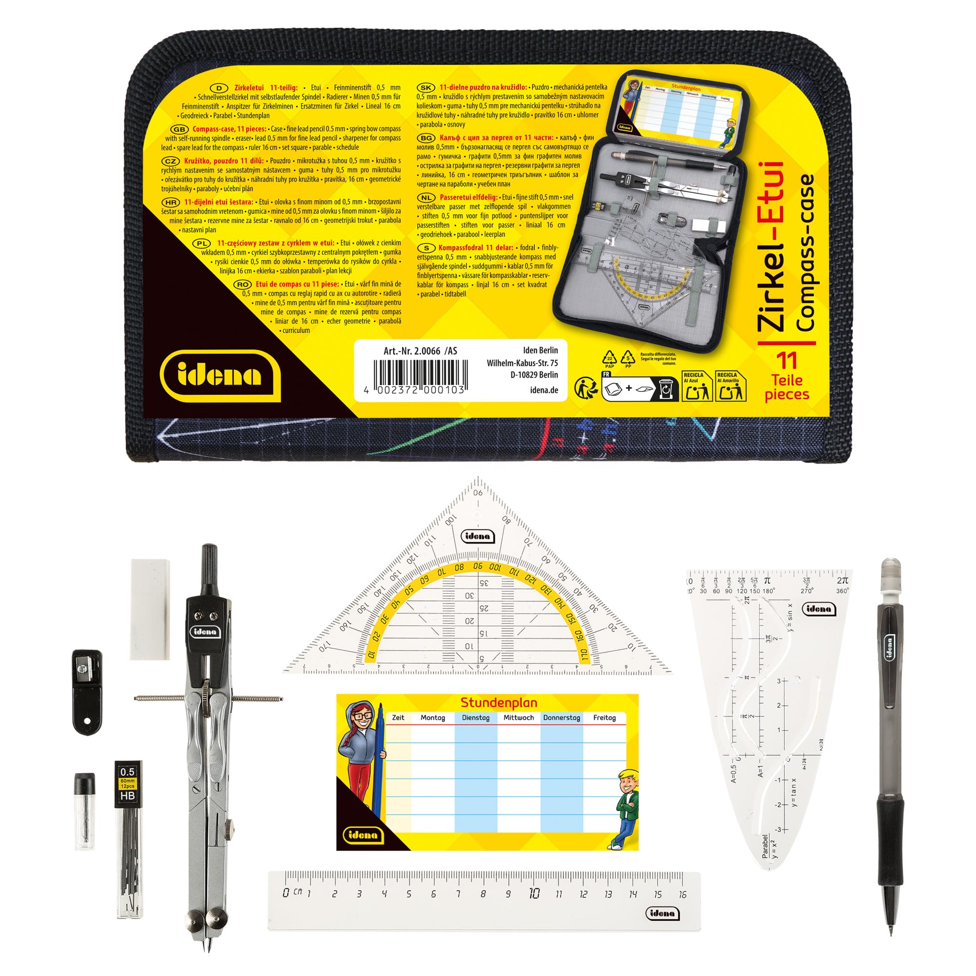 Idena 20066 – Compass in Case, 11 Pieces, with Set Square, Ruler, Replacement Leads for the Compass, Mechanical Pencil & Replacement Leads, Timetable, Eraser & Sharpener