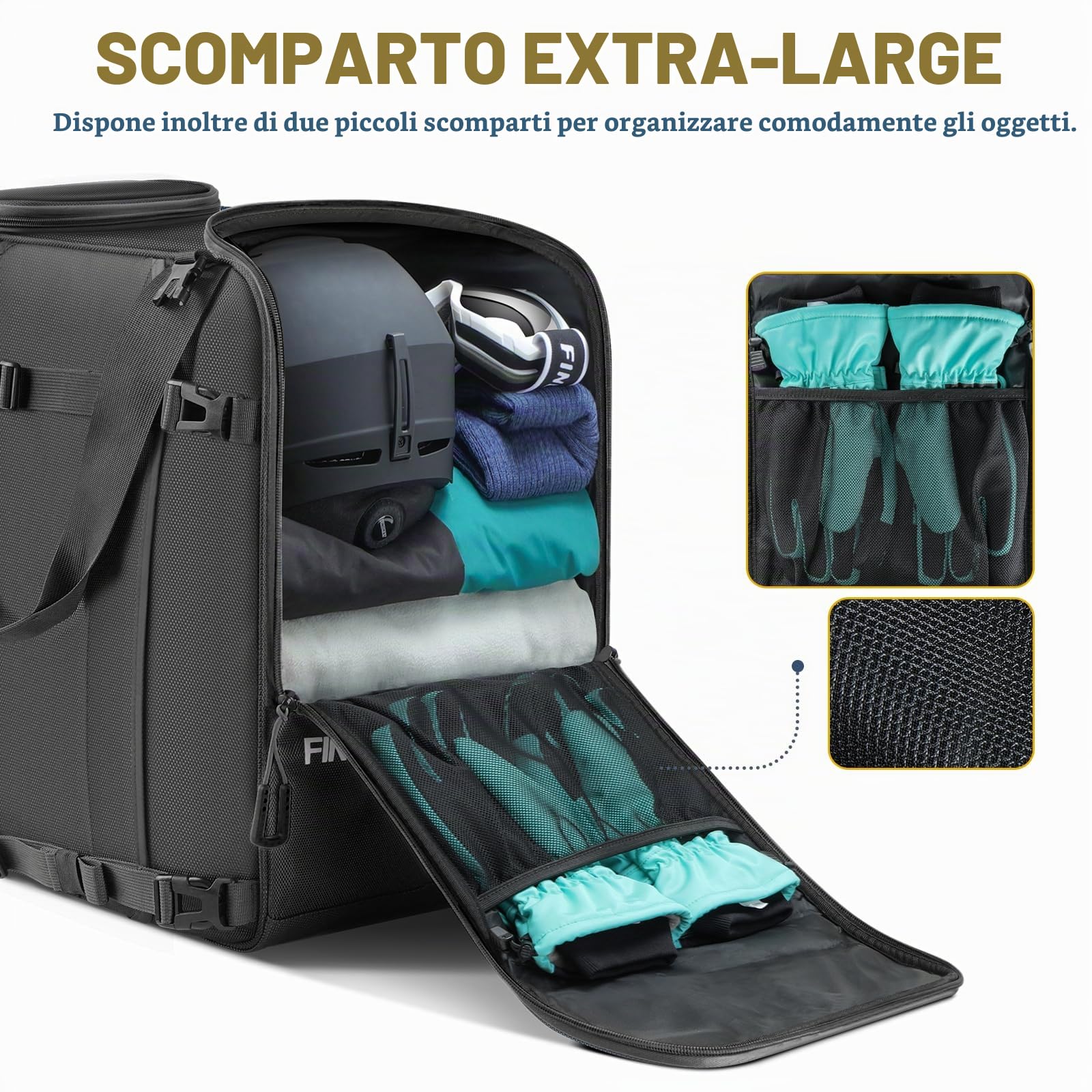 Findway Borse per Scarponi Sci,55L Borsa Porta Scarponi Sci con Scomparto per Casco per Giacca, Casco, Occhiali di Protezione, Guanti