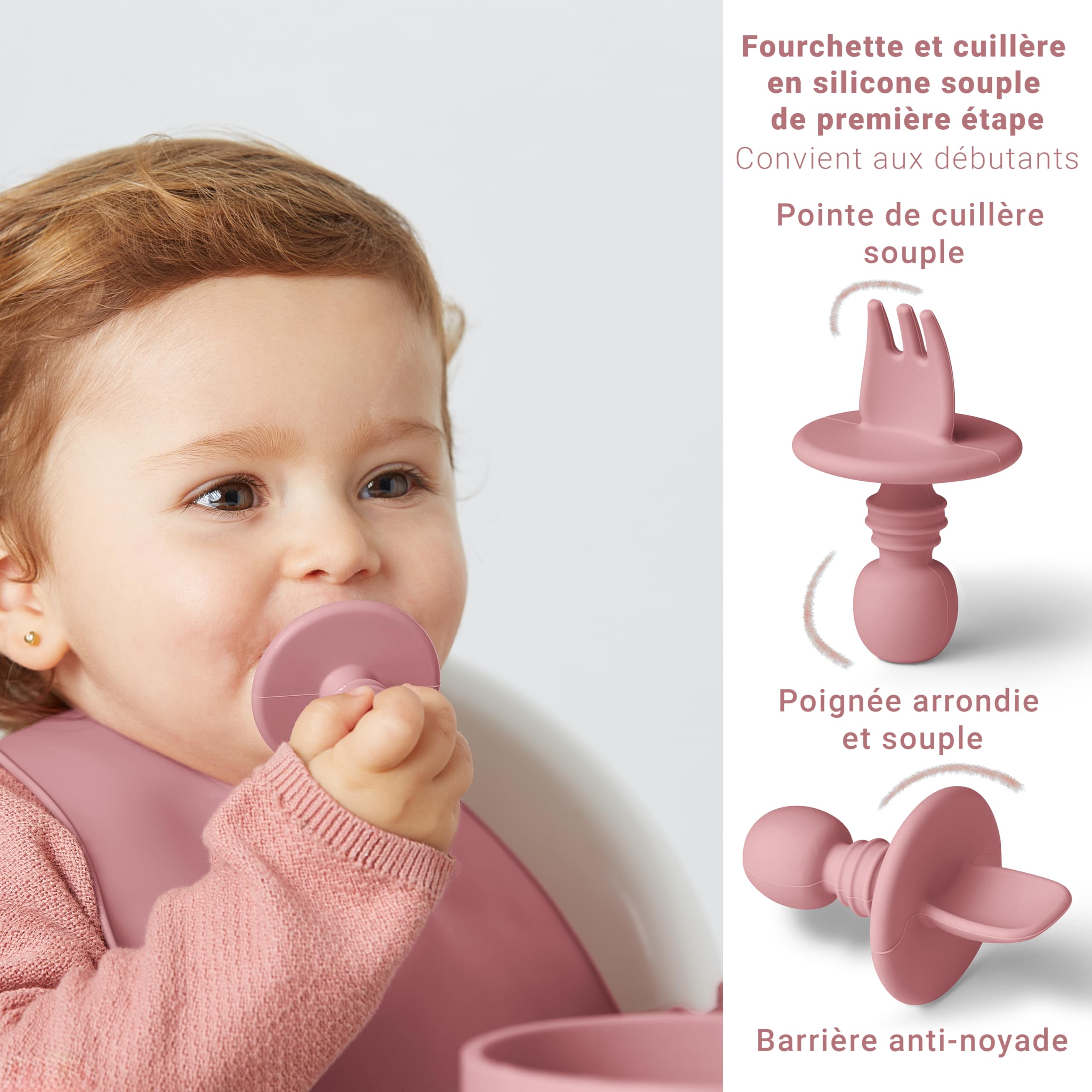 Navik | Coffret repas bebe 12 pièces | Assiette ventouse pour bébé | Tasse apprentissage bebe | Bol et bavoir | Couverts bébés | Rose