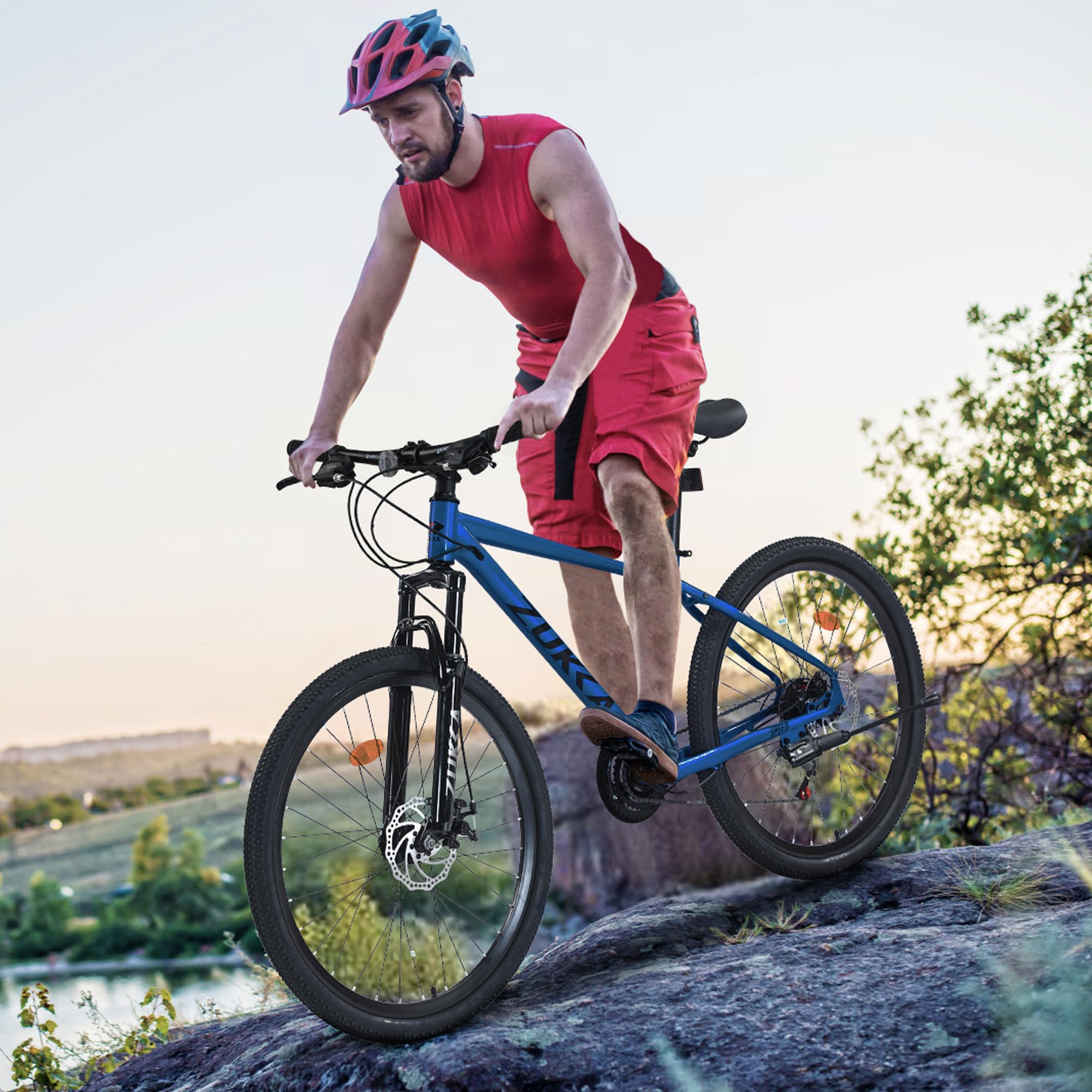 Mountain Bike 26 inch 24 Speed Dual Disc Brake MTB Front Suspension Fork Mountain Bicycle for Adult Men Women Outdoor Cycling Blue