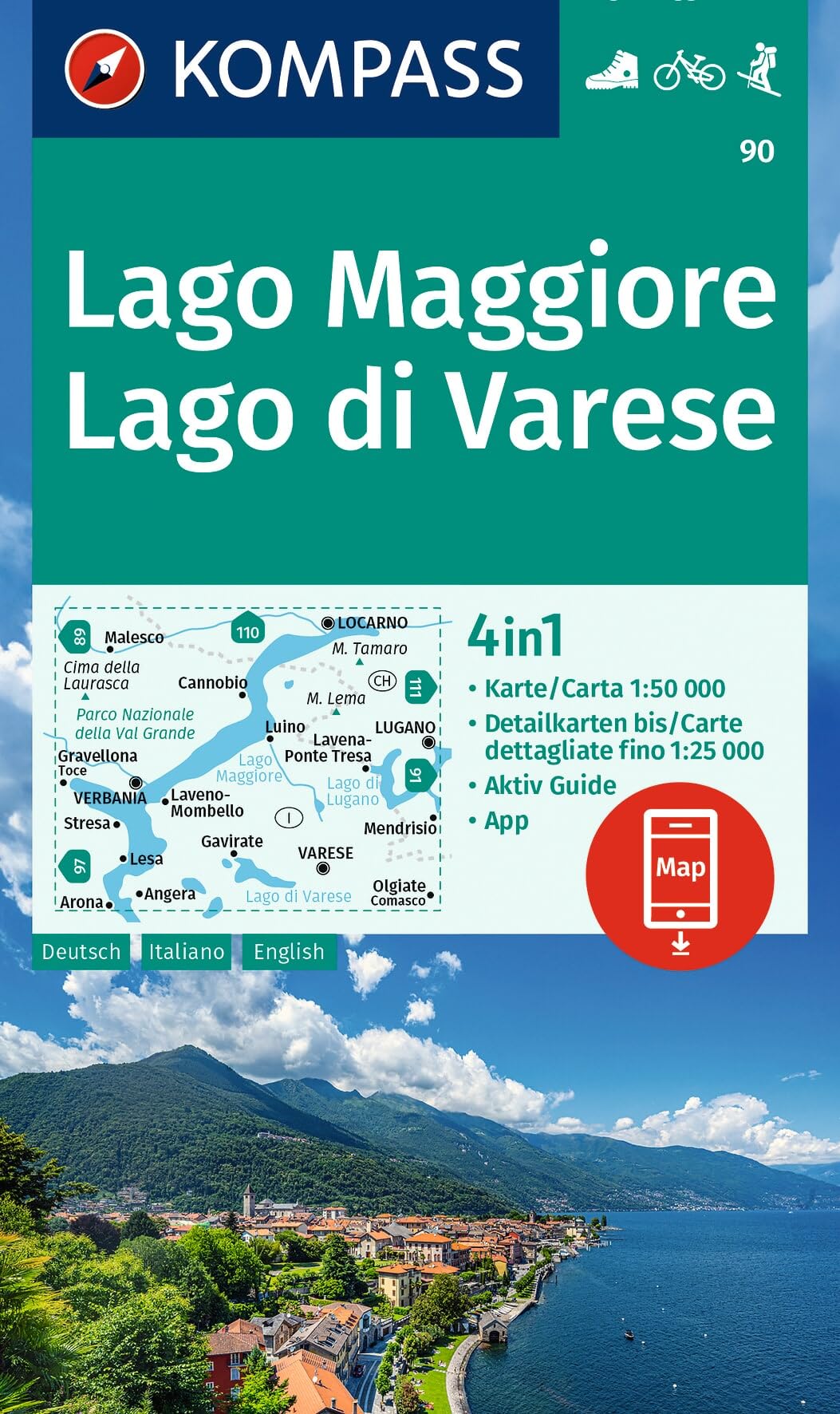 Lago Maggiore, L. di Varese WK 90: 4-in-1 hiking map, with activity guide and 1:25000 scale maps, including offline map section (Kompass Wanderkarten)