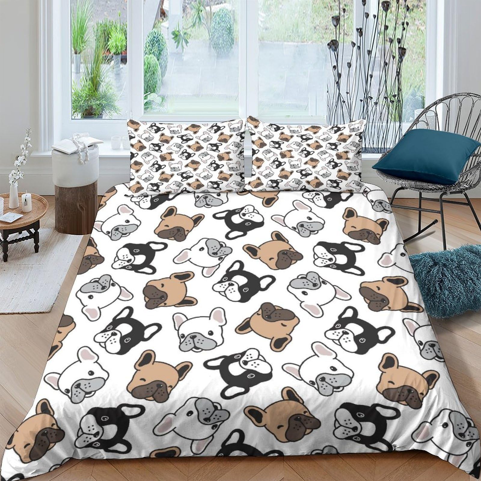 TUFRTGYHN 3D Printed French Bulldog Duvet Cover Microfiber Soft Breathable Dog Pattern Bedding Set with 2 Pillowcases for Bedroom Decor Single（135x200cm）