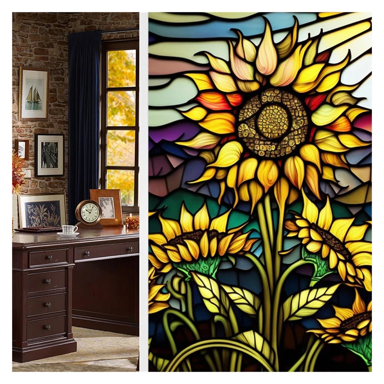 Colorful Retro Flower Bird PVC Electrostatic Glass Stickers Stained Static Cling Frosted Glass Film(Color 21)