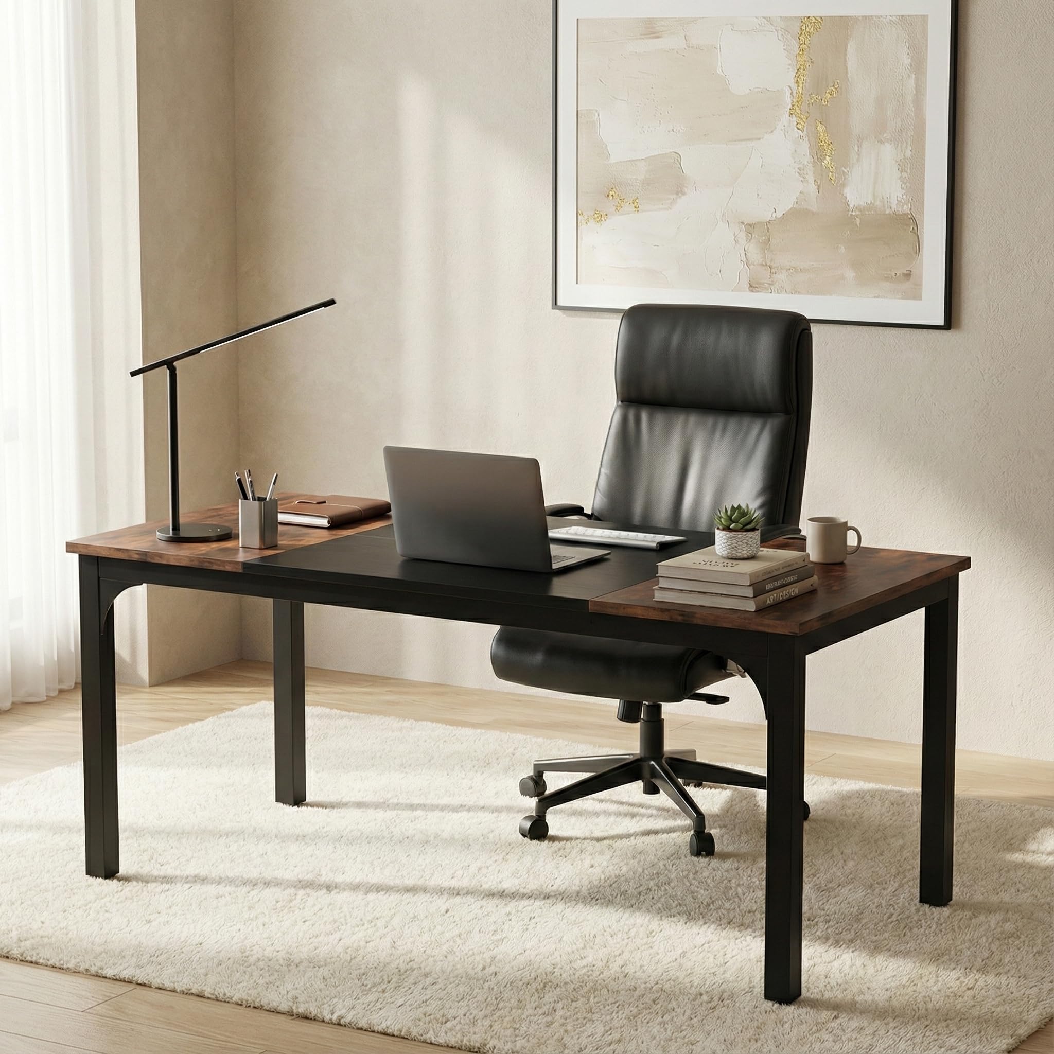 Lailang 160cm Escritorio de Oficina, Mesa portátil Ordenador, Mesa de Trabajo, Escritorio de Madera, Home Office, 160 x 80 x 75 cm, Marrón rústico y Negro