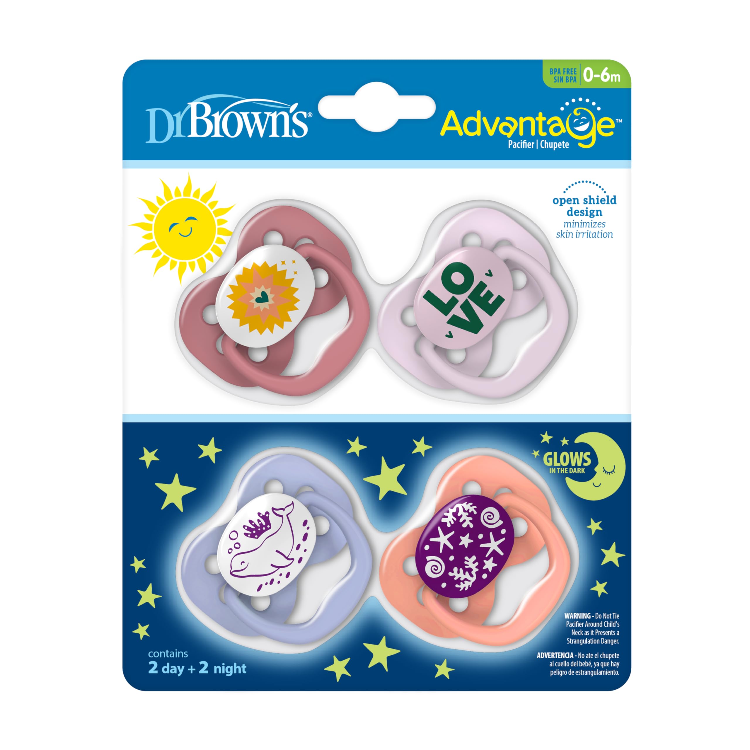 Dr. Brown's Advantage Glow-in-The-Dark Baby Pacifier, Fully Symmetrical Soother with Soft Silicone Bulb - Image 2